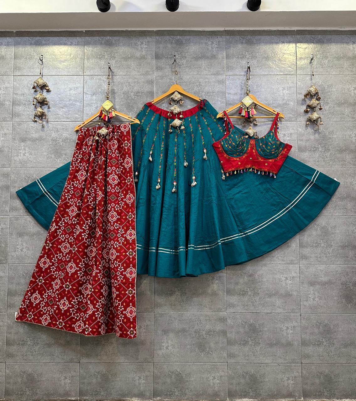 Blue &amp; Red Jaam Cotton Silk Chaniya Choli with Green Gamthi Blouse for Navratri