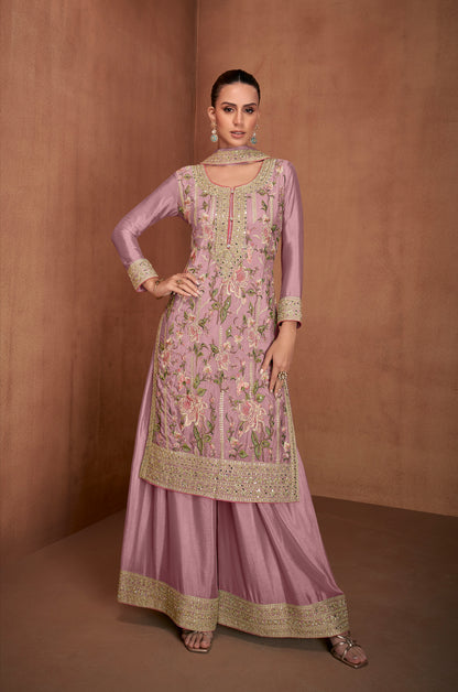 Mauve Real Chinon Palazzo Suit with Embroidery &amp; Mirror Work