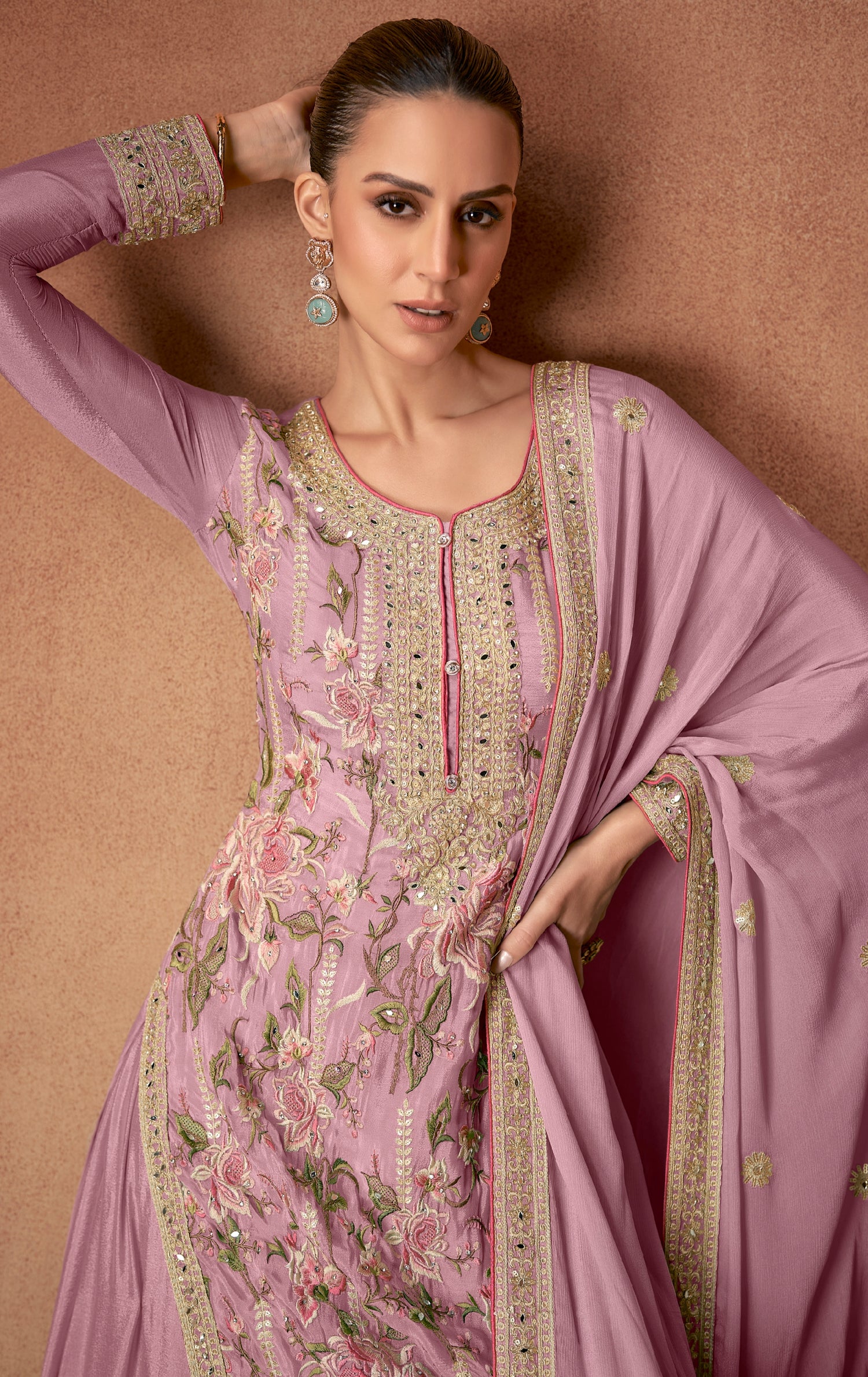 Mauve Real Chinon Palazzo Suit with Embroidery &amp; Mirror Work