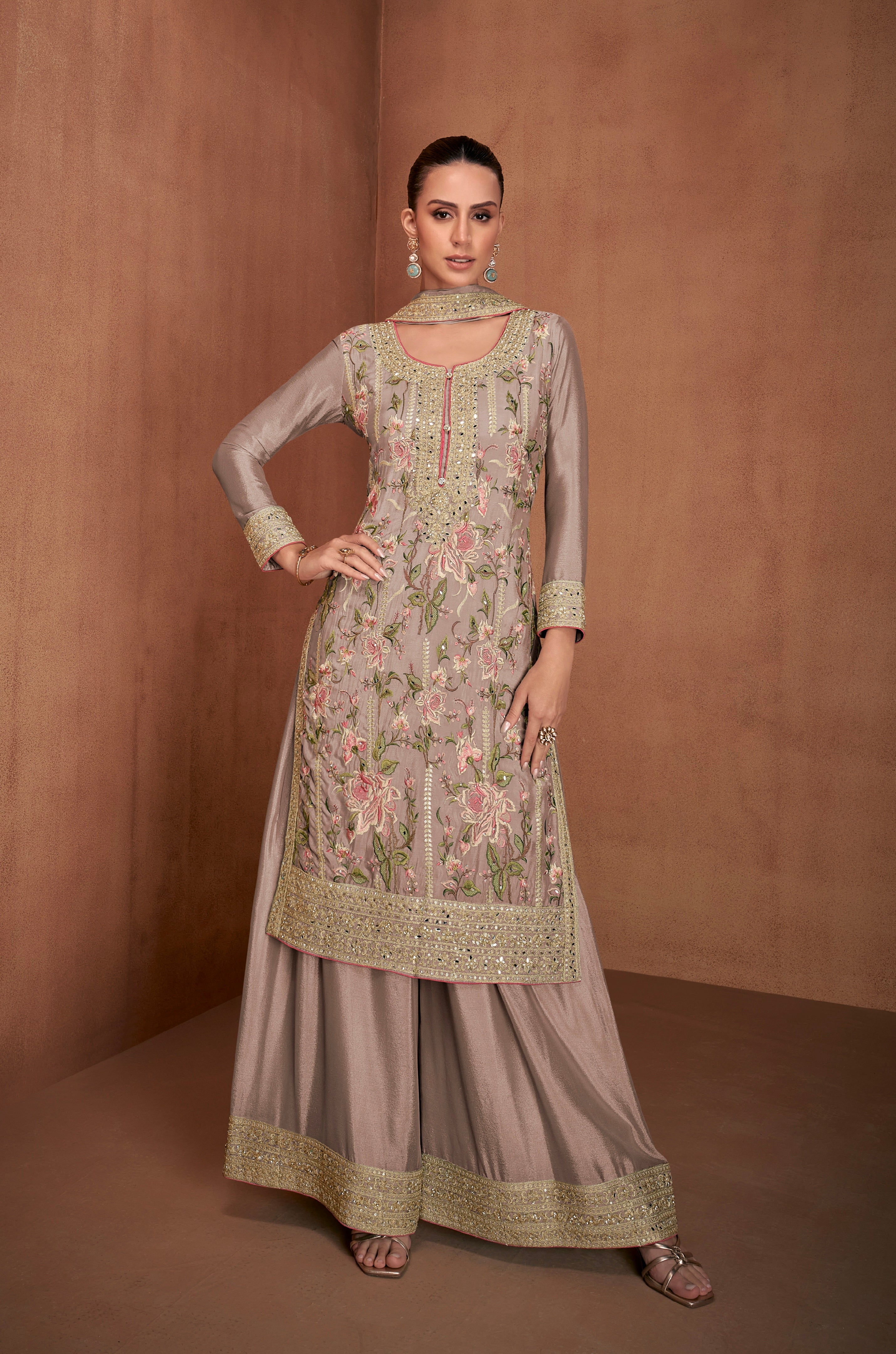 Taupe Grey Real Chinon Palazzo Suit with Mirror &amp; Embroidery Work