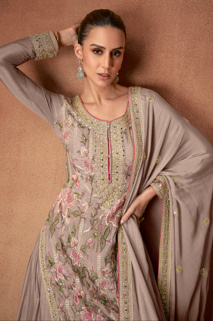 Taupe Grey Real Chinon Palazzo Suit with Mirror &amp; Embroidery Work