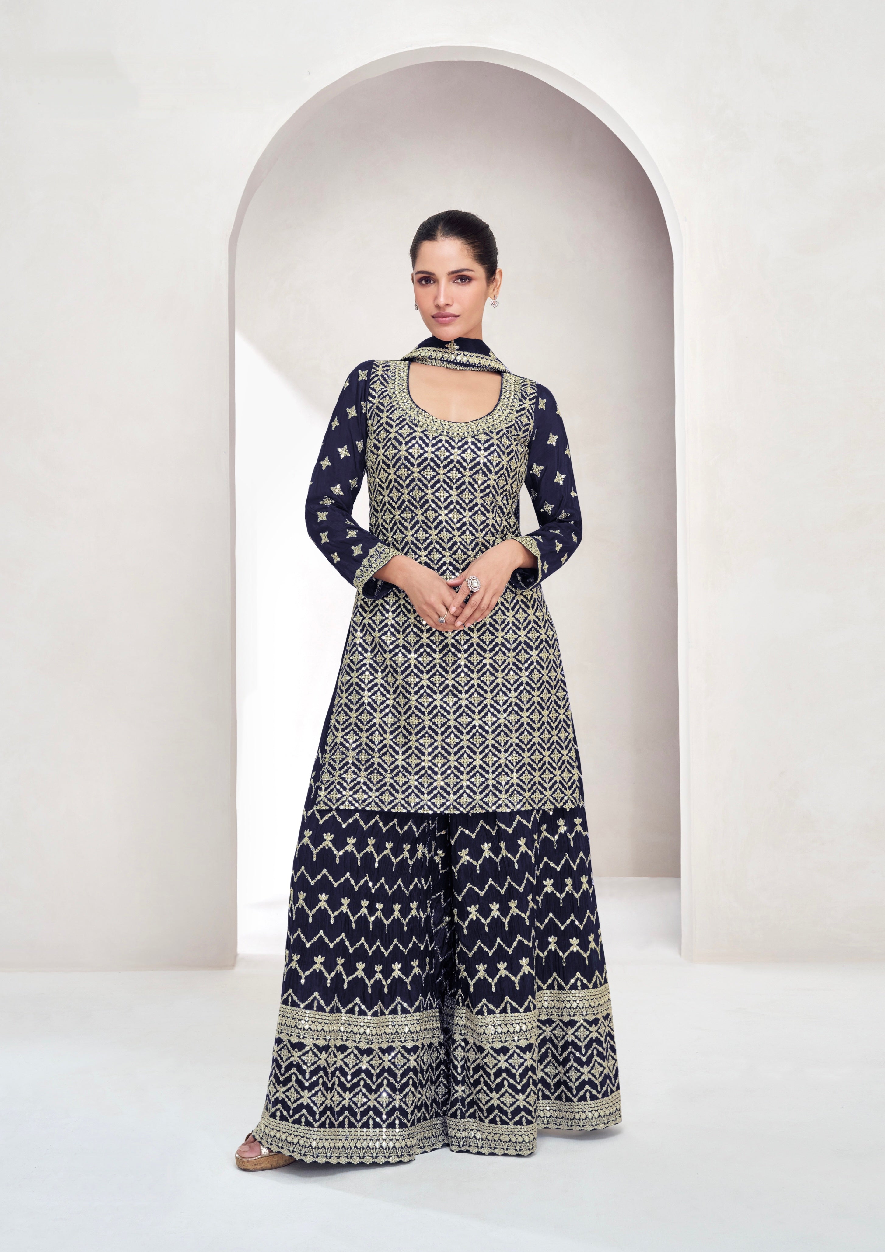 Navy Blue Chinnon Silk Palazzo Suit with Embroidered Dupatta