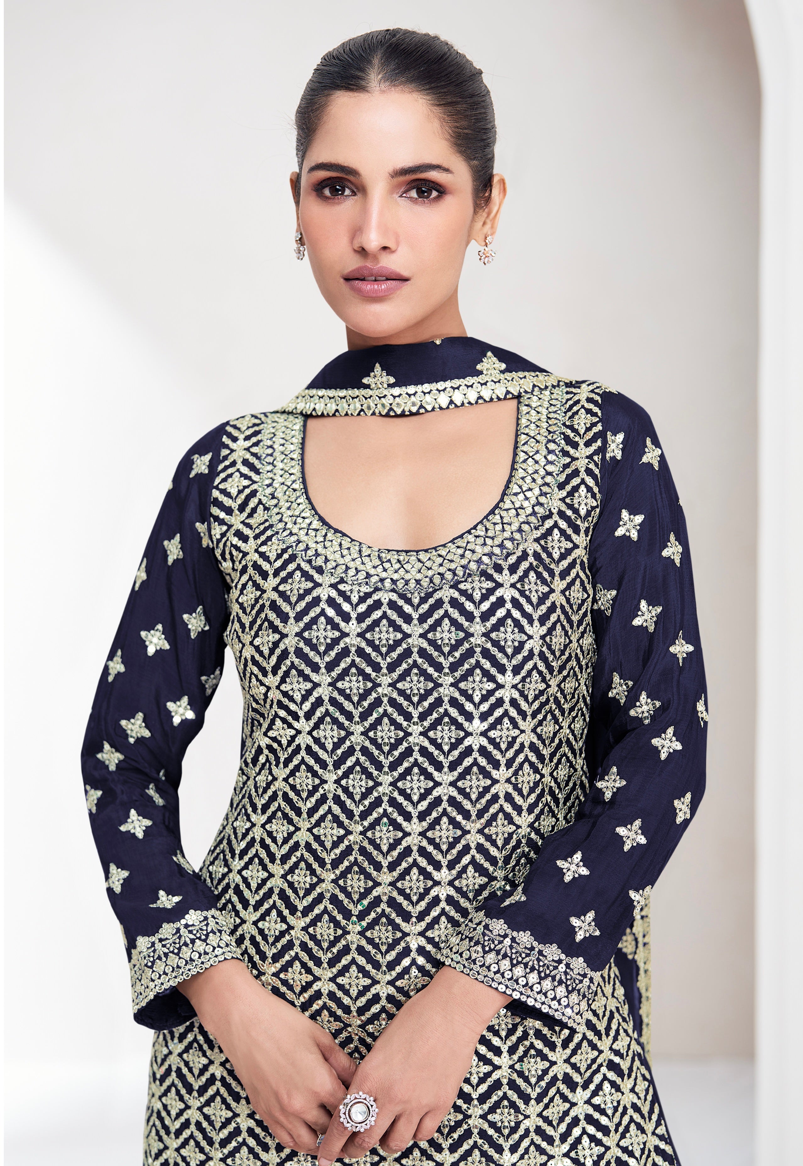 Navy Blue Chinnon Silk Palazzo Suit with Embroidered Dupatta