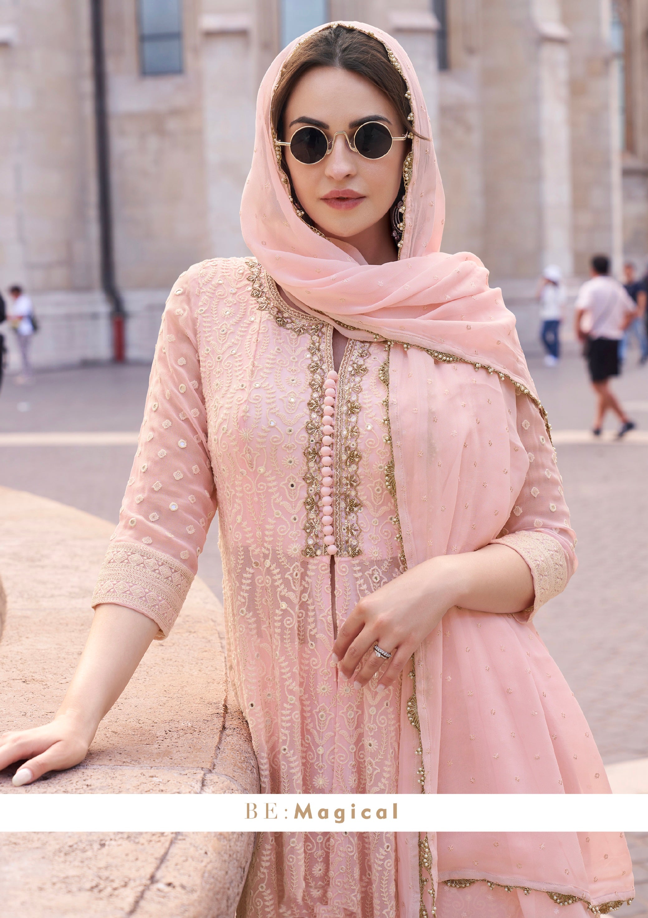 Blush Pink Real Georgette Palazzo Suit with Embroidered Dupatta