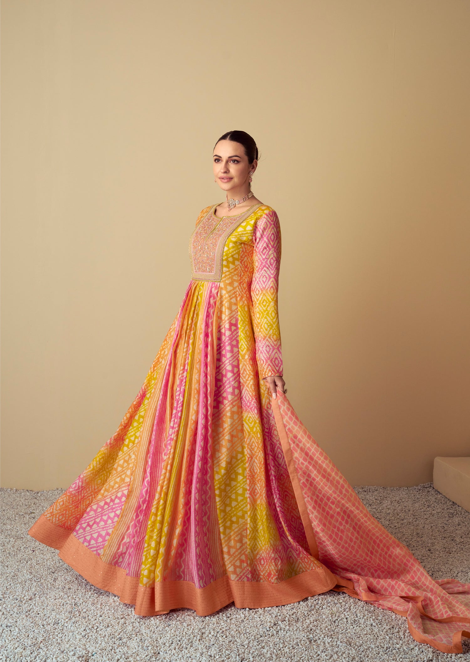 Multicolor Pink &amp; Yellow Real Muslin Anarkali Suit with Digital Print