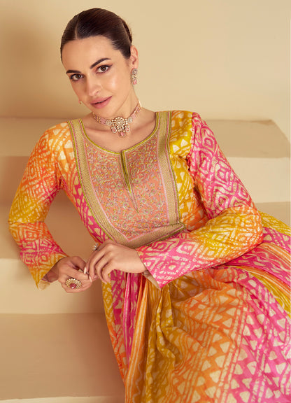 Multicolor Pink &amp; Yellow Real Muslin Anarkali Suit with Digital Print