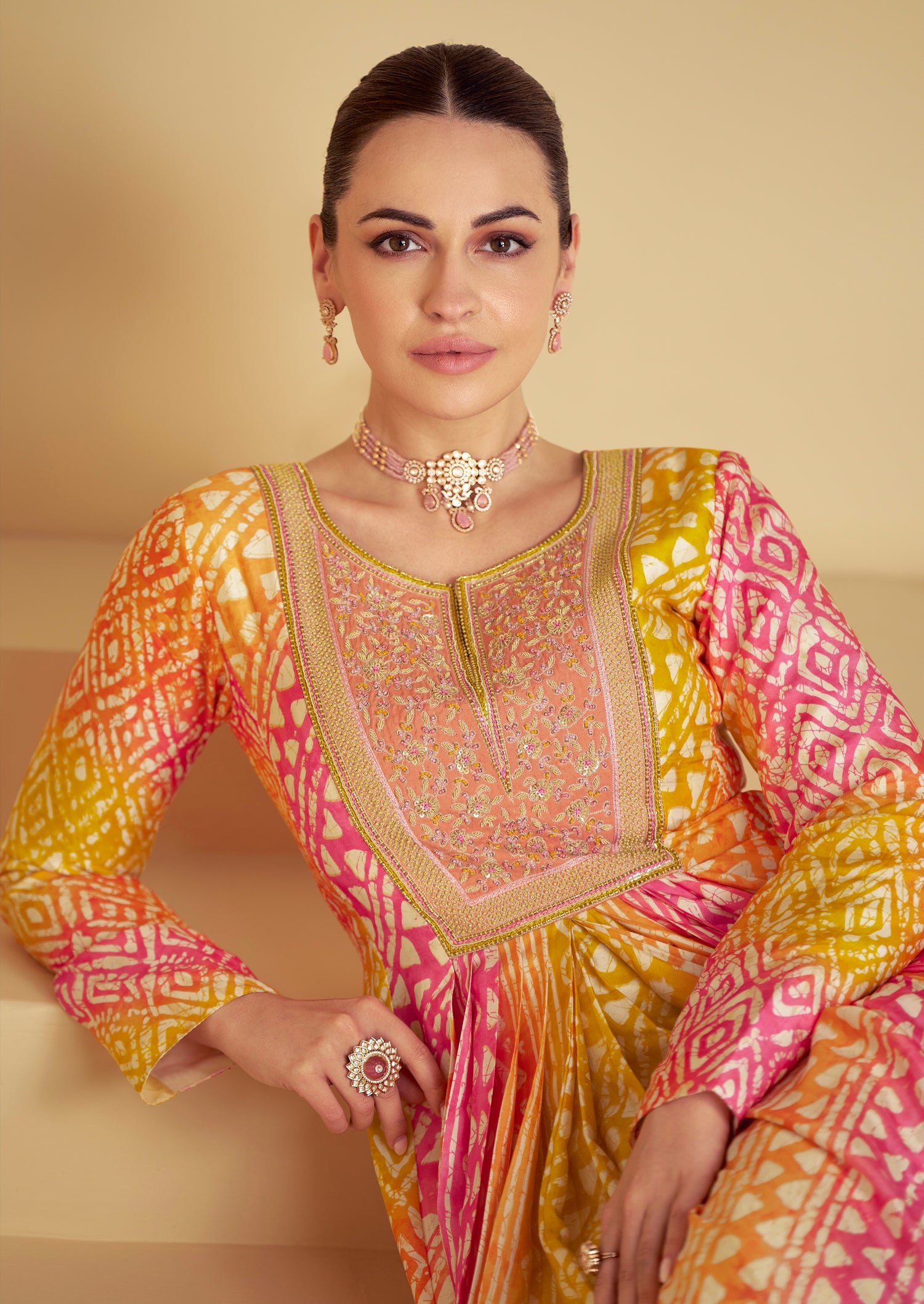 Multicolor Pink &amp; Yellow Real Muslin Anarkali Suit with Digital Print