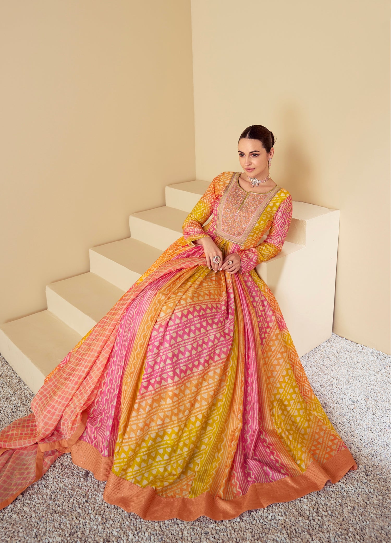 Multicolor Pink &amp; Yellow Real Muslin Anarkali Suit with Digital Print
