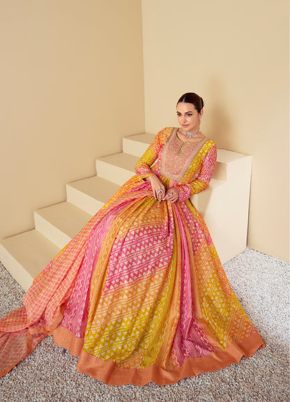 Multicolor Pink &amp; Yellow Real Muslin Anarkali Suit with Digital Print
