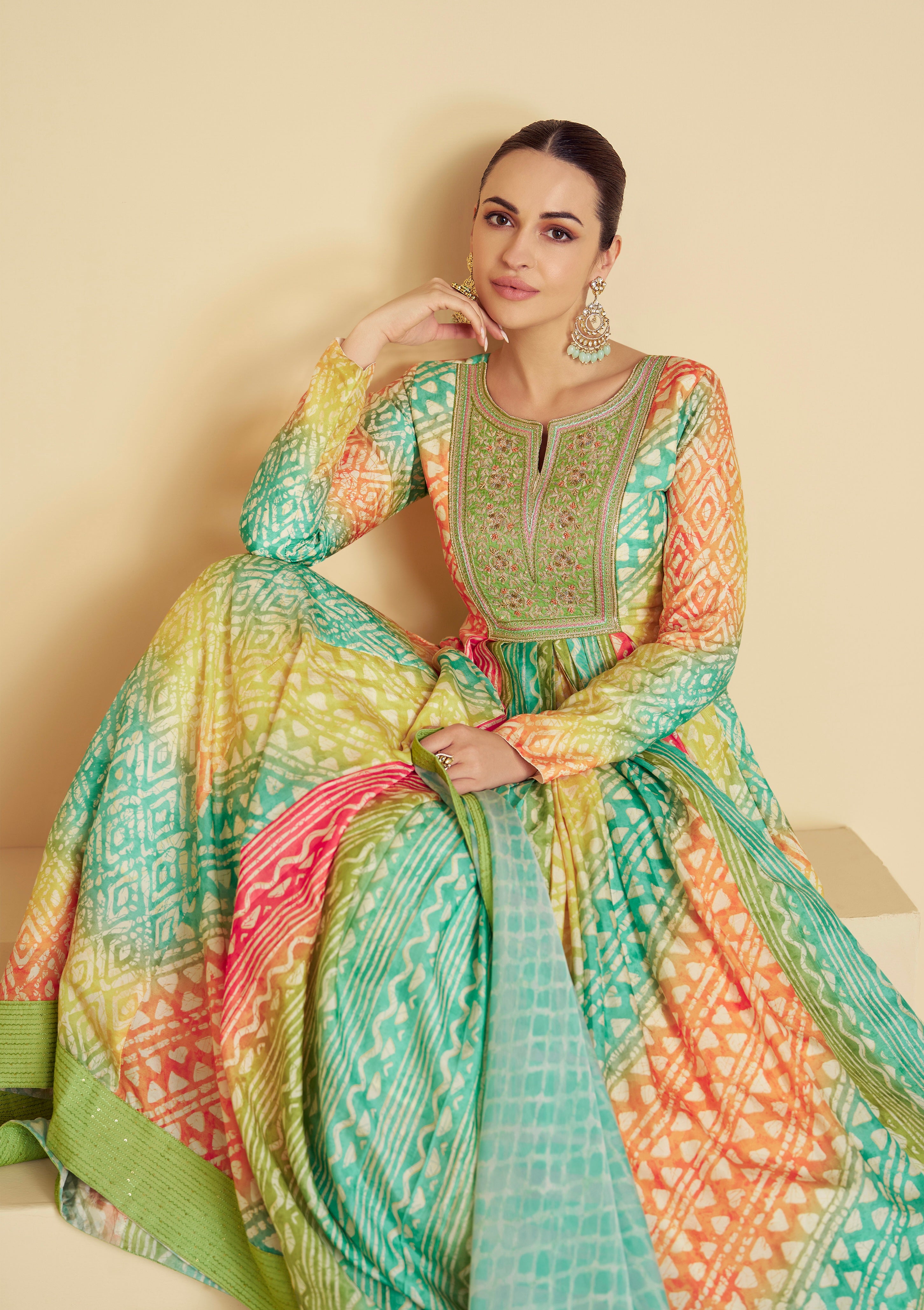 Mint Green &amp; Yellow Real Muslin Anarkali Suit with Digital Print