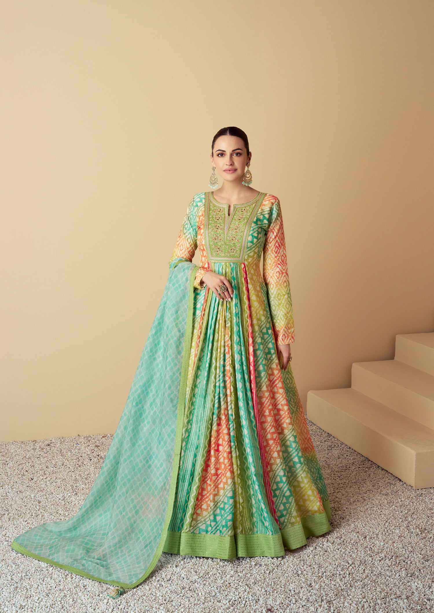 Mint Green &amp; Yellow Real Muslin Anarkali Suit with Digital Print