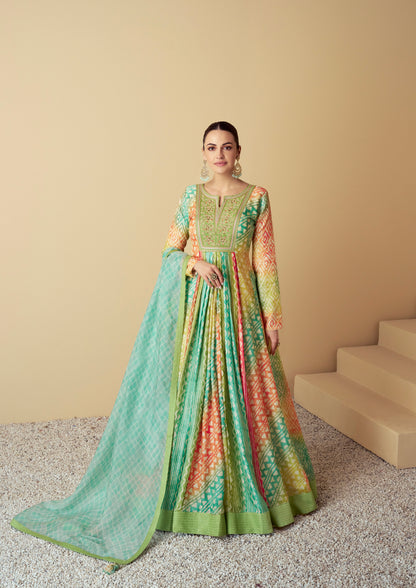 Mint Green &amp; Yellow Real Muslin Anarkali Suit with Digital Print