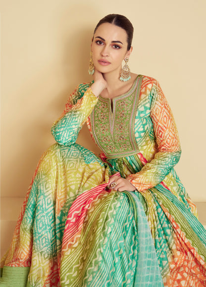 Mint Green &amp; Yellow Real Muslin Anarkali Suit with Digital Print