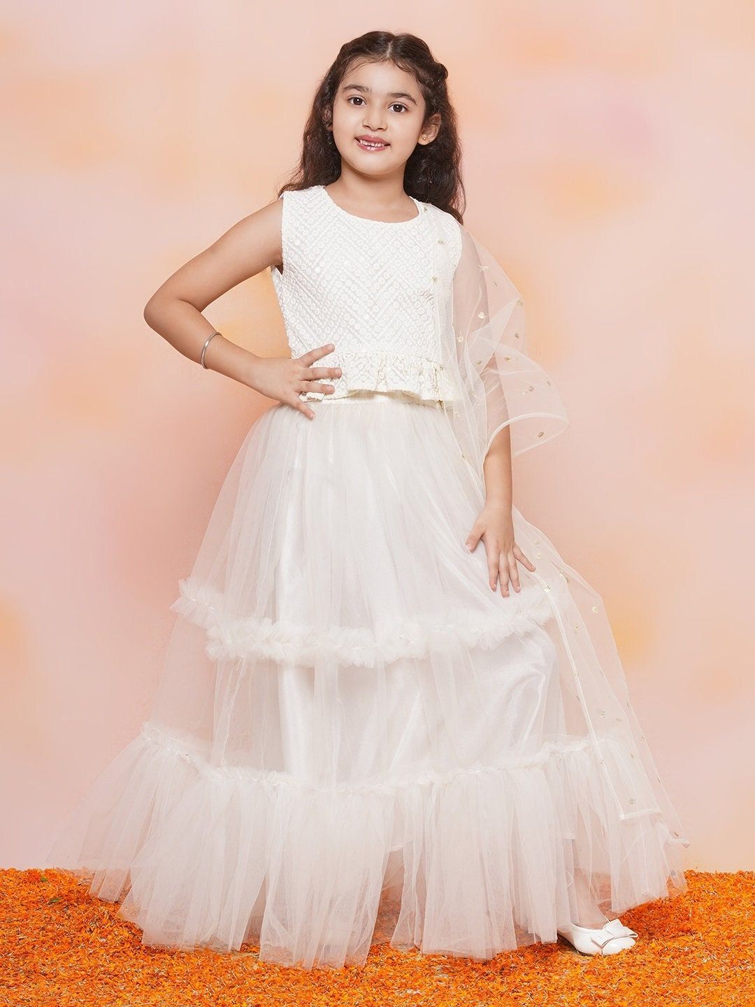 White Net Ethnic Wear Floral 3d Kid&