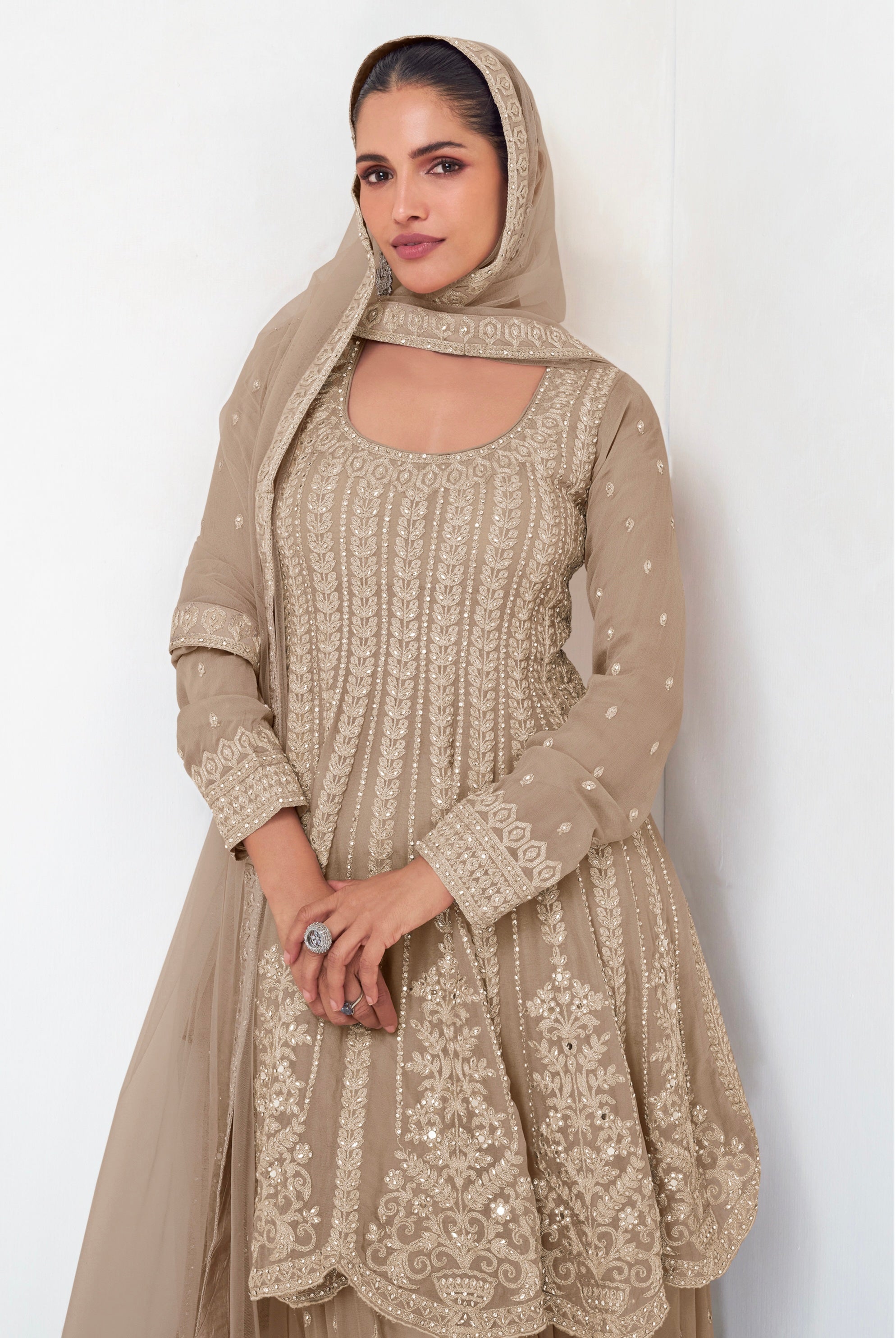 Beige Georgette Embroidered Palazzo Suit with Net Dupatta