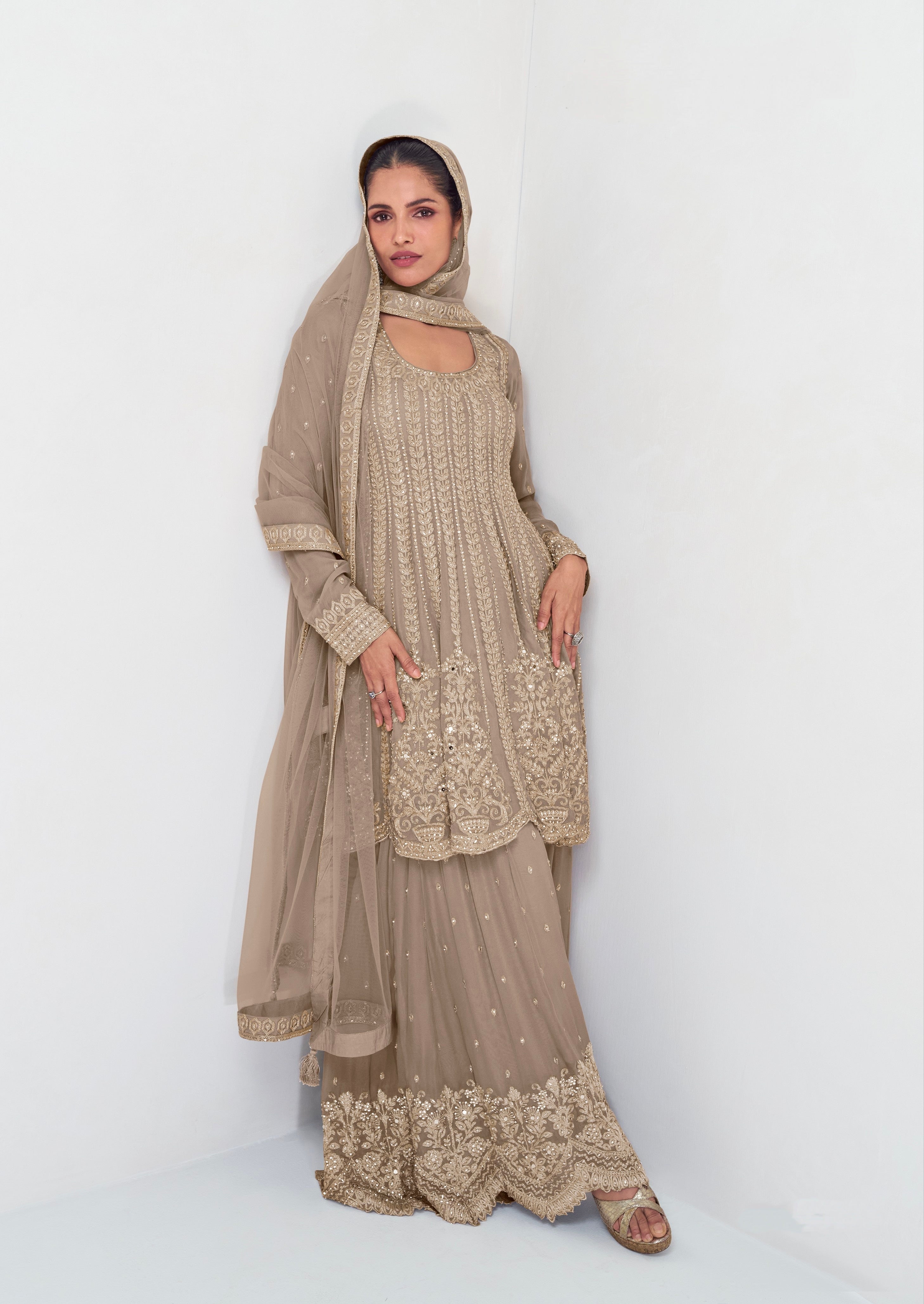 Beige Georgette Embroidered Palazzo Suit with Net Dupatta