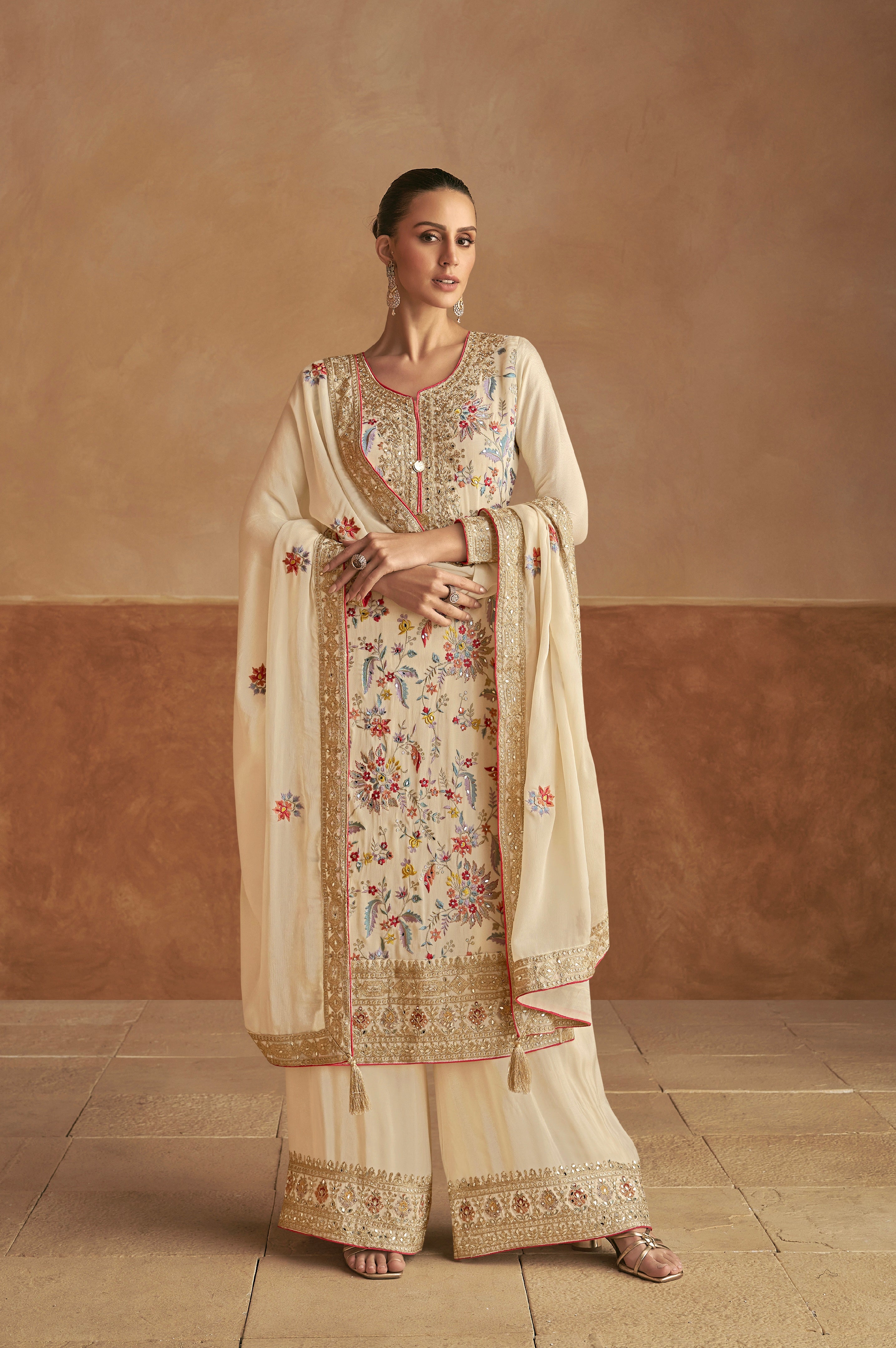 Ivory Chinon Palazzo Suit with Multicolor Embroidery &amp; Chinon Dupatta
