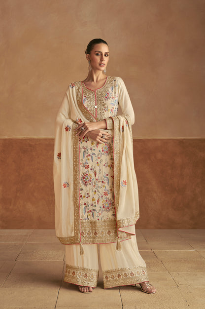 Ivory Chinon Palazzo Suit with Multicolor Embroidery &amp; Chinon Dupatta