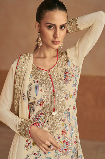Ivory Chinon Palazzo Suit with Multicolor Embroidery &amp; Chinon Dupatta