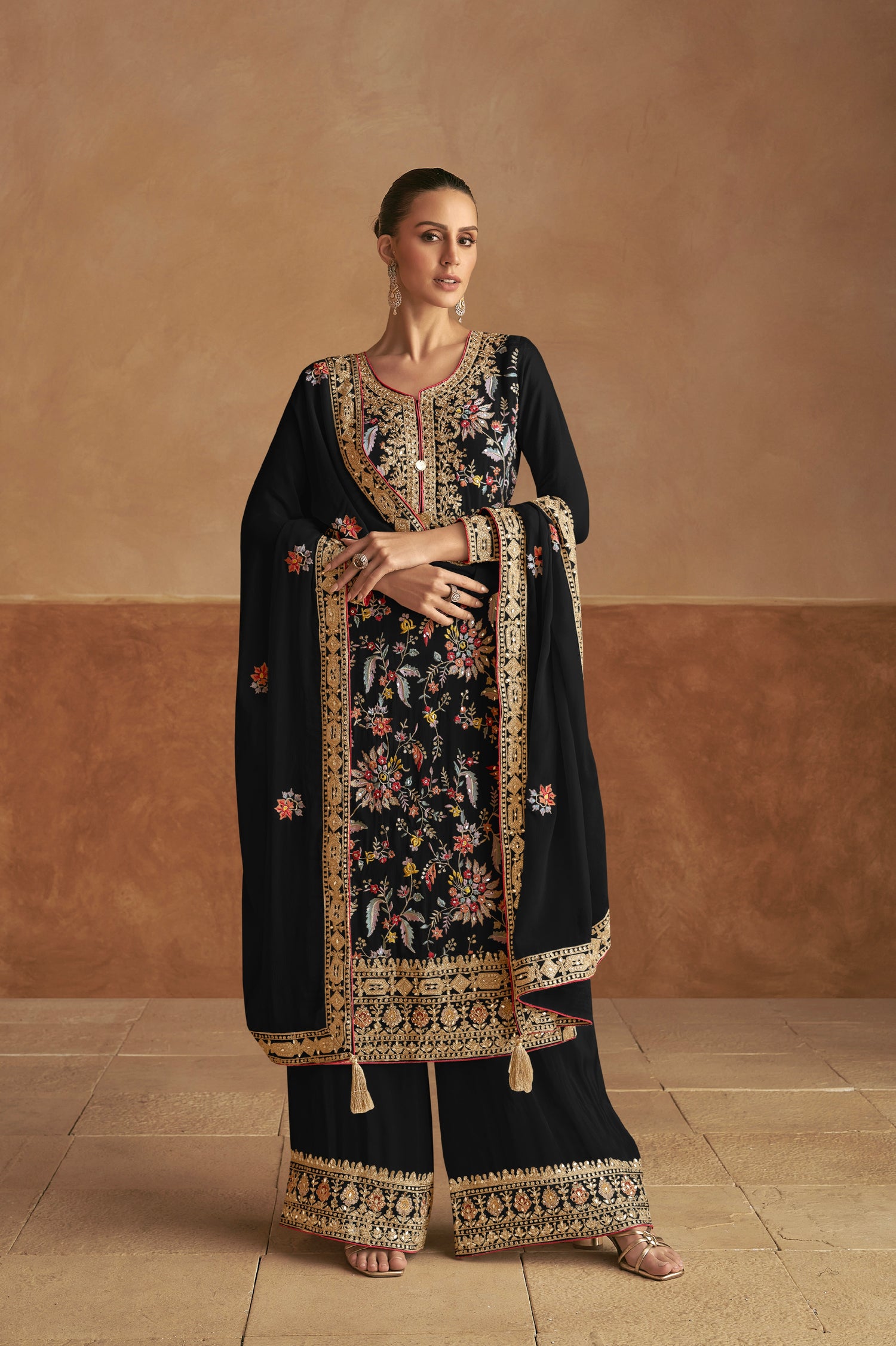Black Chinon Palazzo Suit with Multicolor Embroidery &amp; Chinon Dupatta