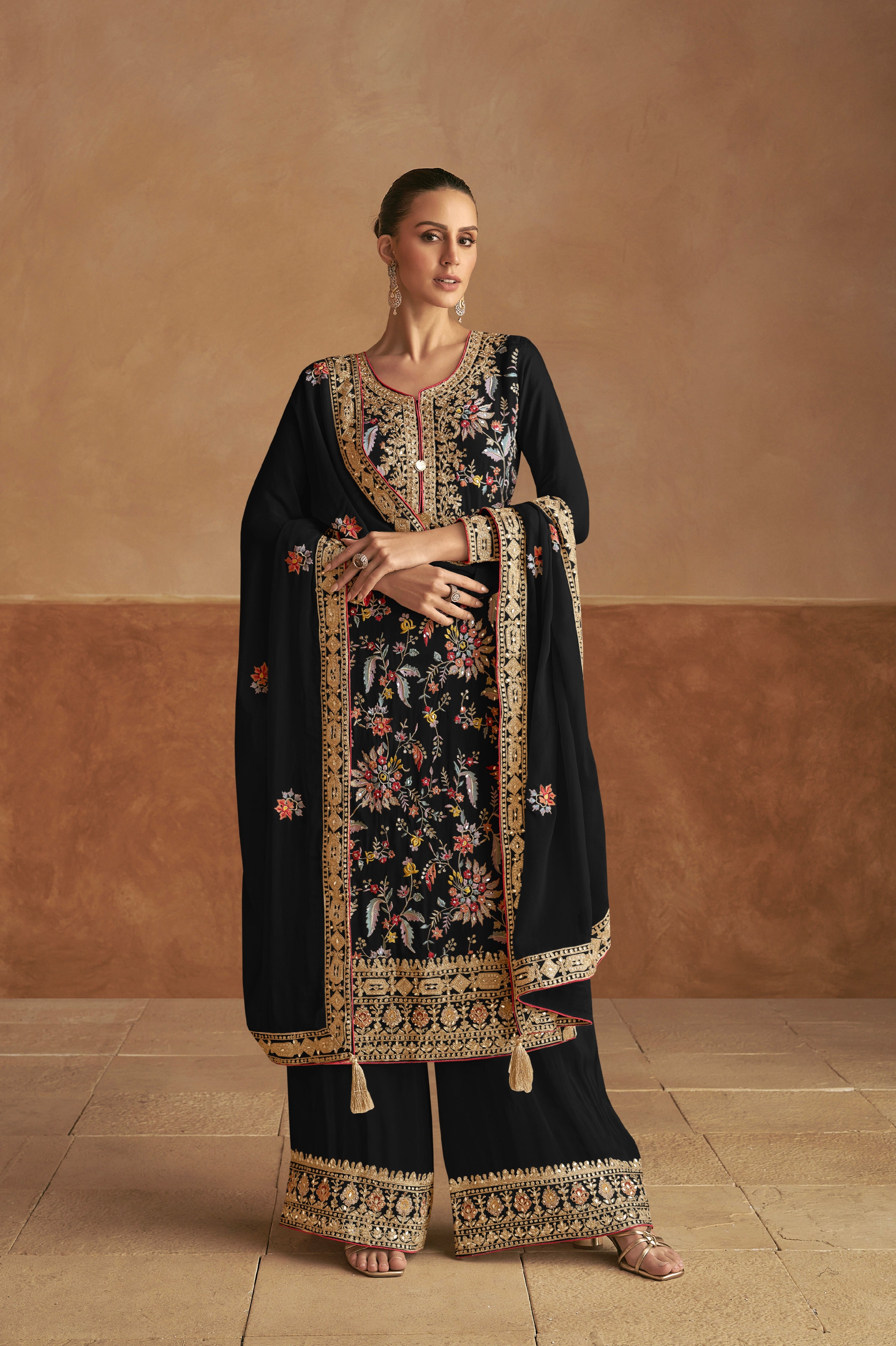 Black Chinon Palazzo Suit with Multicolor Embroidery &amp; Chinon Dupatta