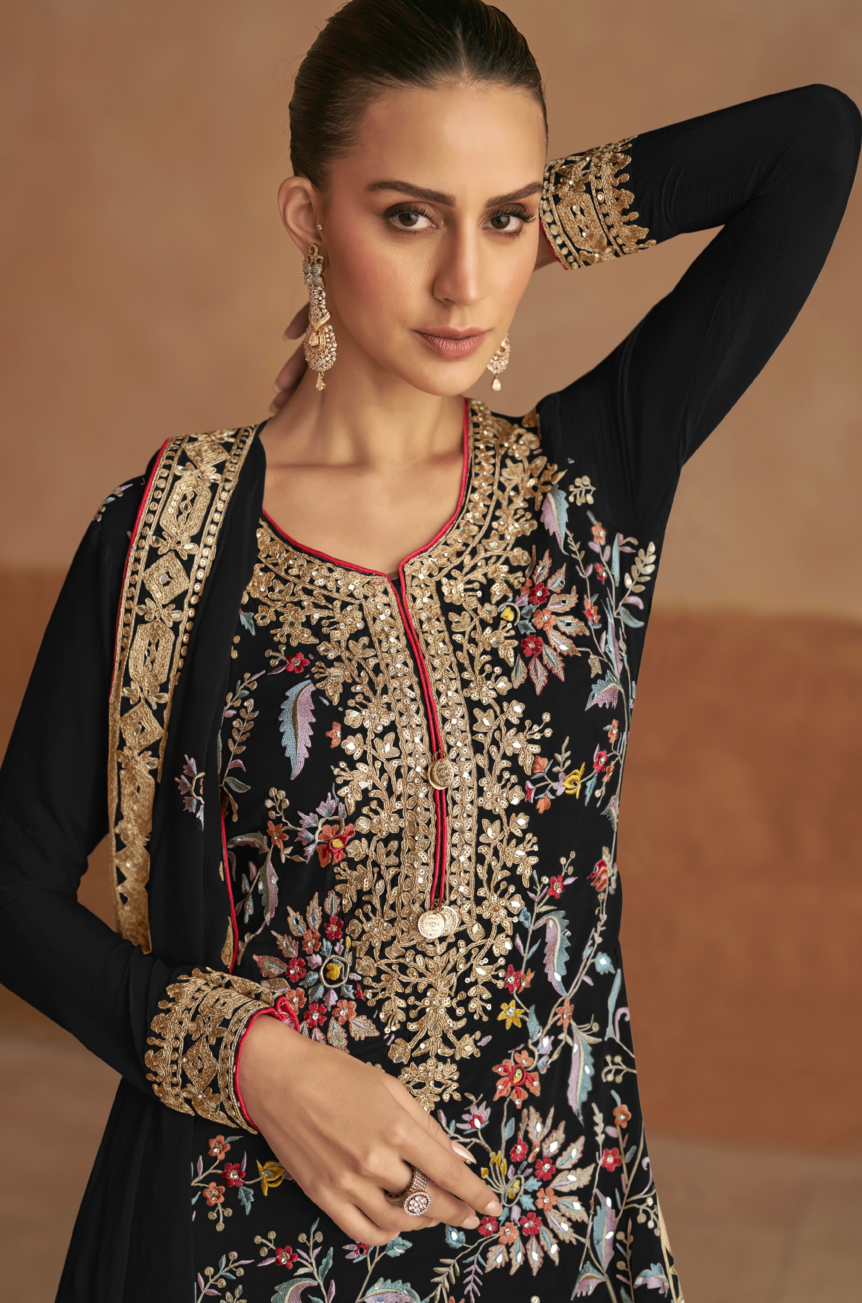 Black Chinon Palazzo Suit with Multicolor Embroidery &amp; Chinon Dupatta