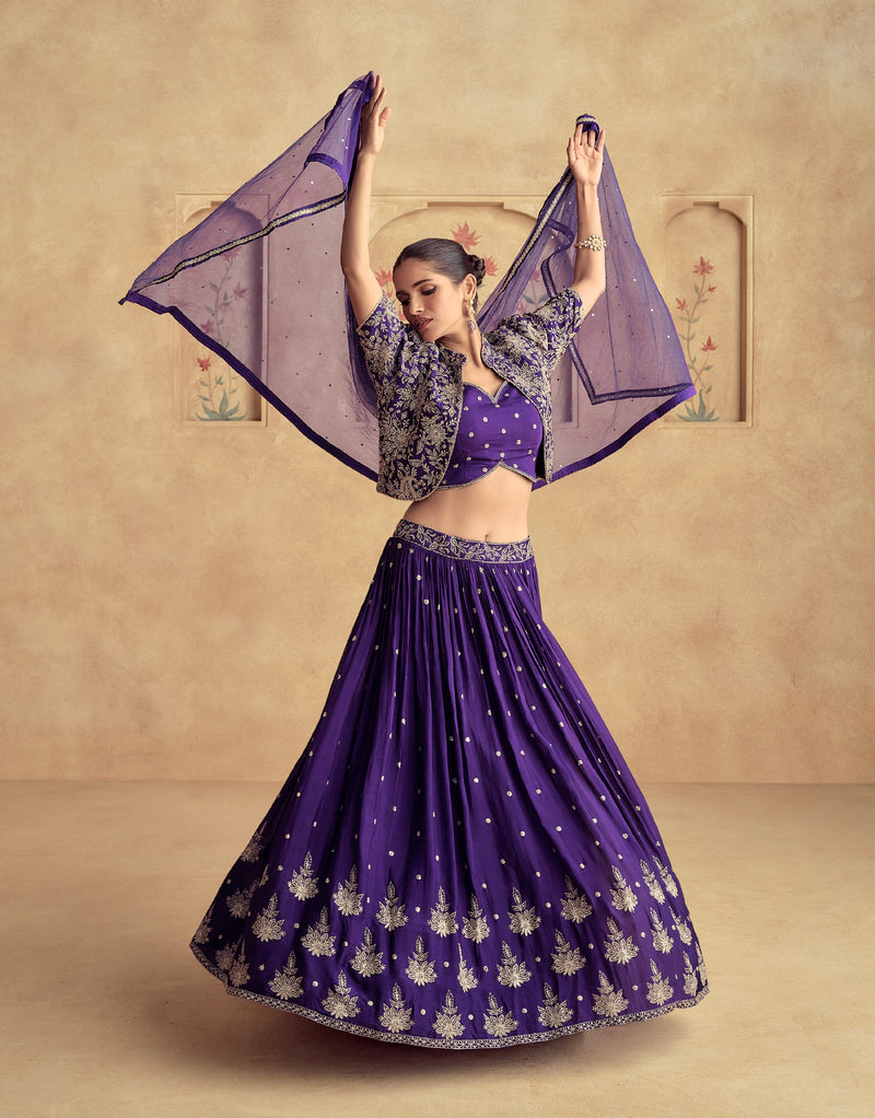 Royal Purple Chinnon Silk Embroidered Lehenga with Net Dupatta