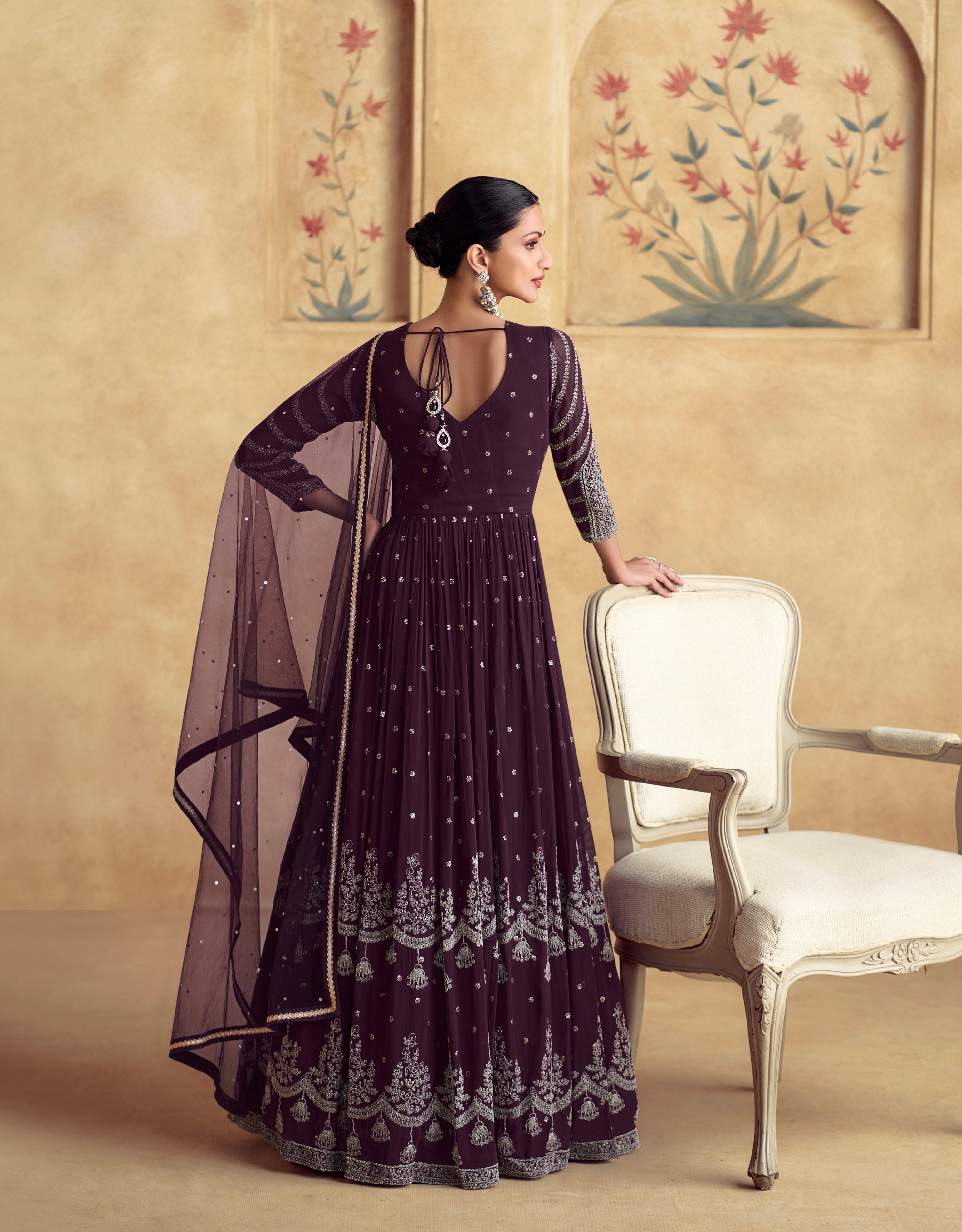 Deep Wine Georgette Anarkali Set with Net Dupatta