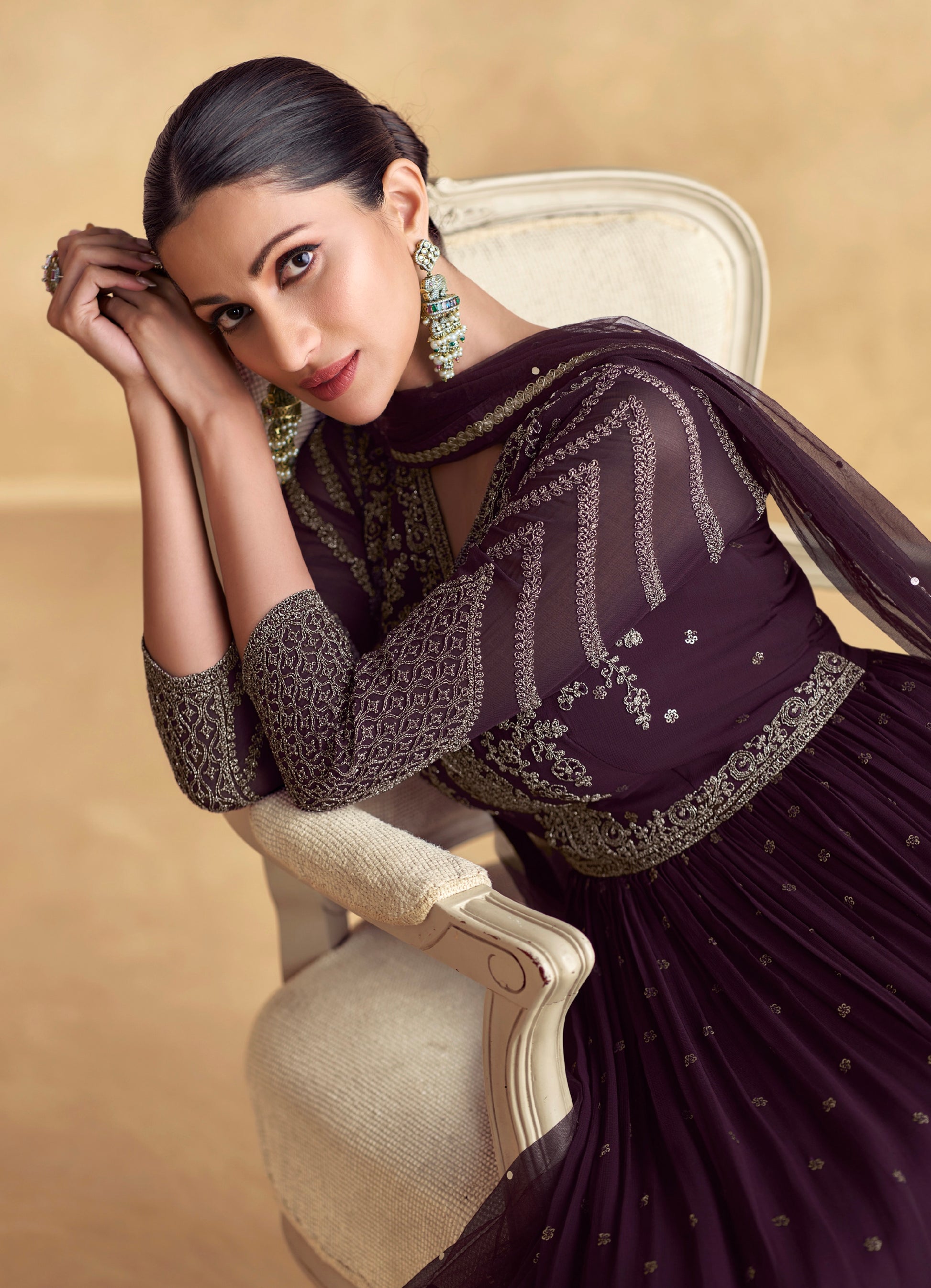 Deep Wine Georgette Anarkali Set with Net Dupatta