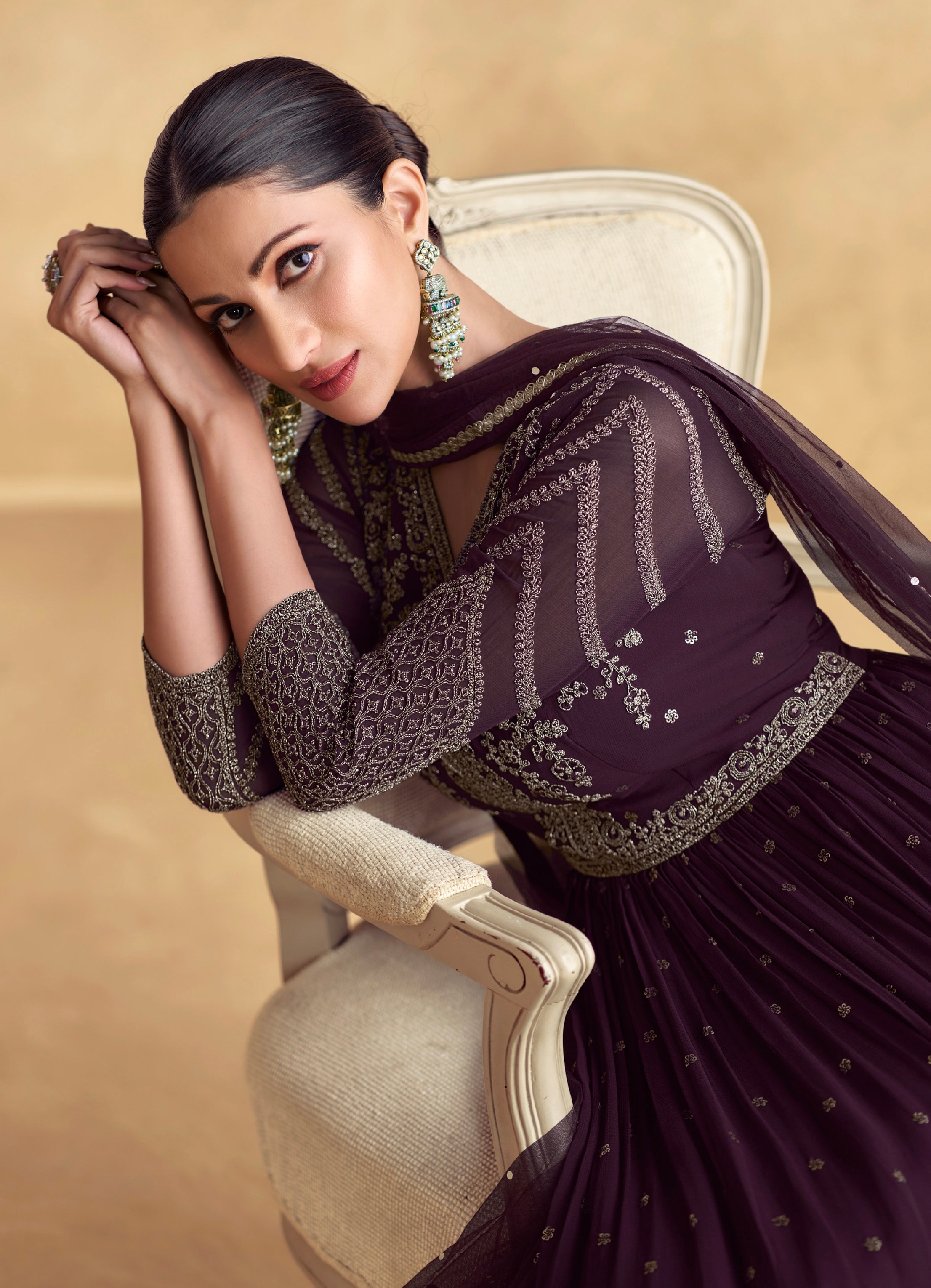 Deep Wine Georgette Anarkali Set with Net Dupatta