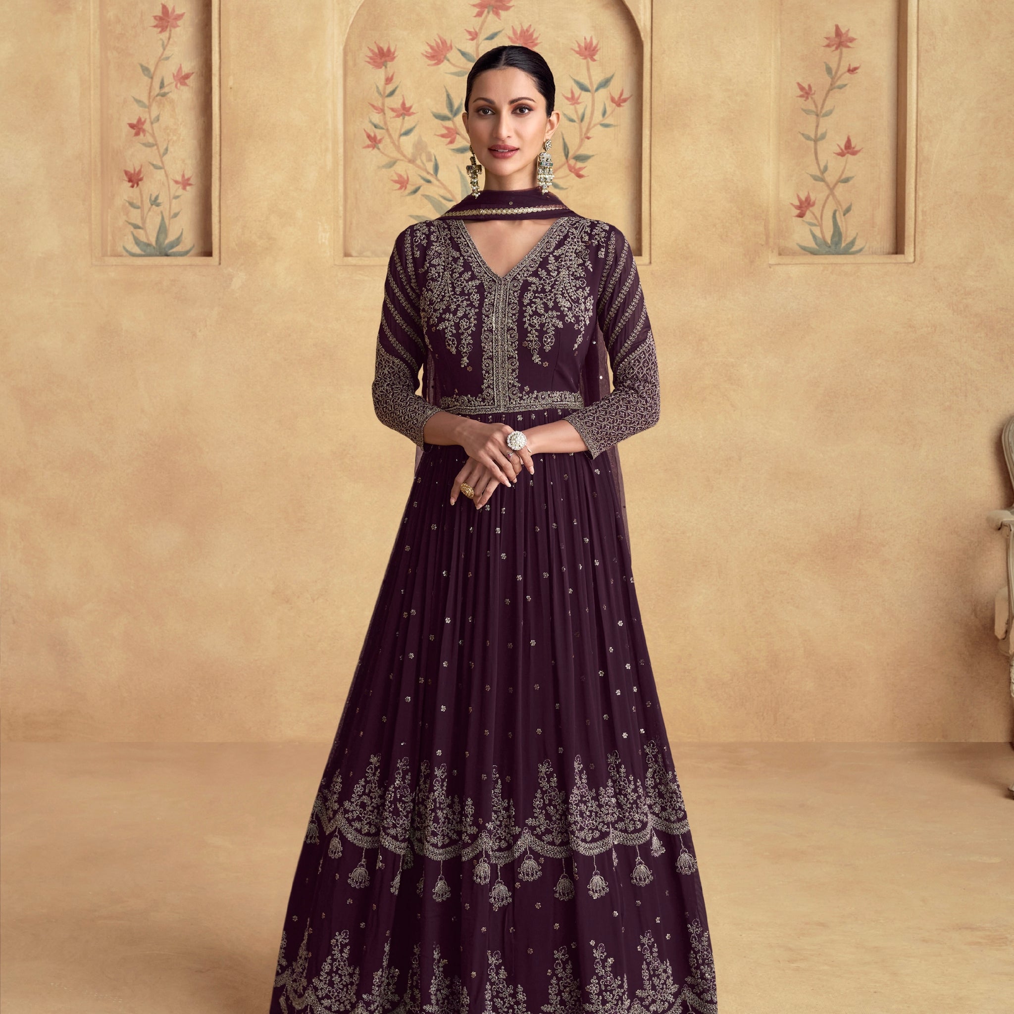 Deep Wine Georgette Anarkali Set with Net Dupatta
