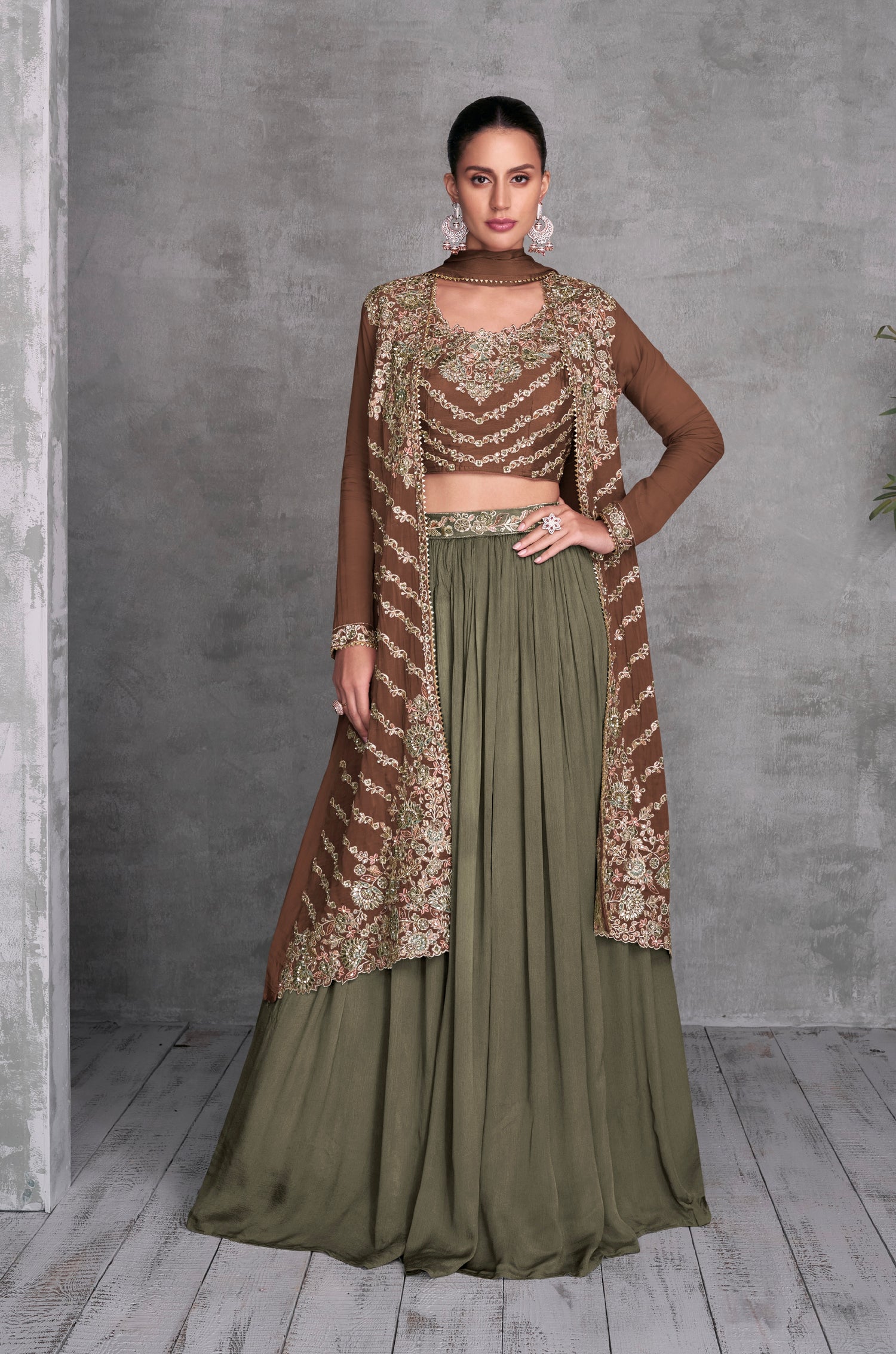 Dusty Brown &amp; Olive Green Embroidered Chinon Lehenga &amp; Cancan