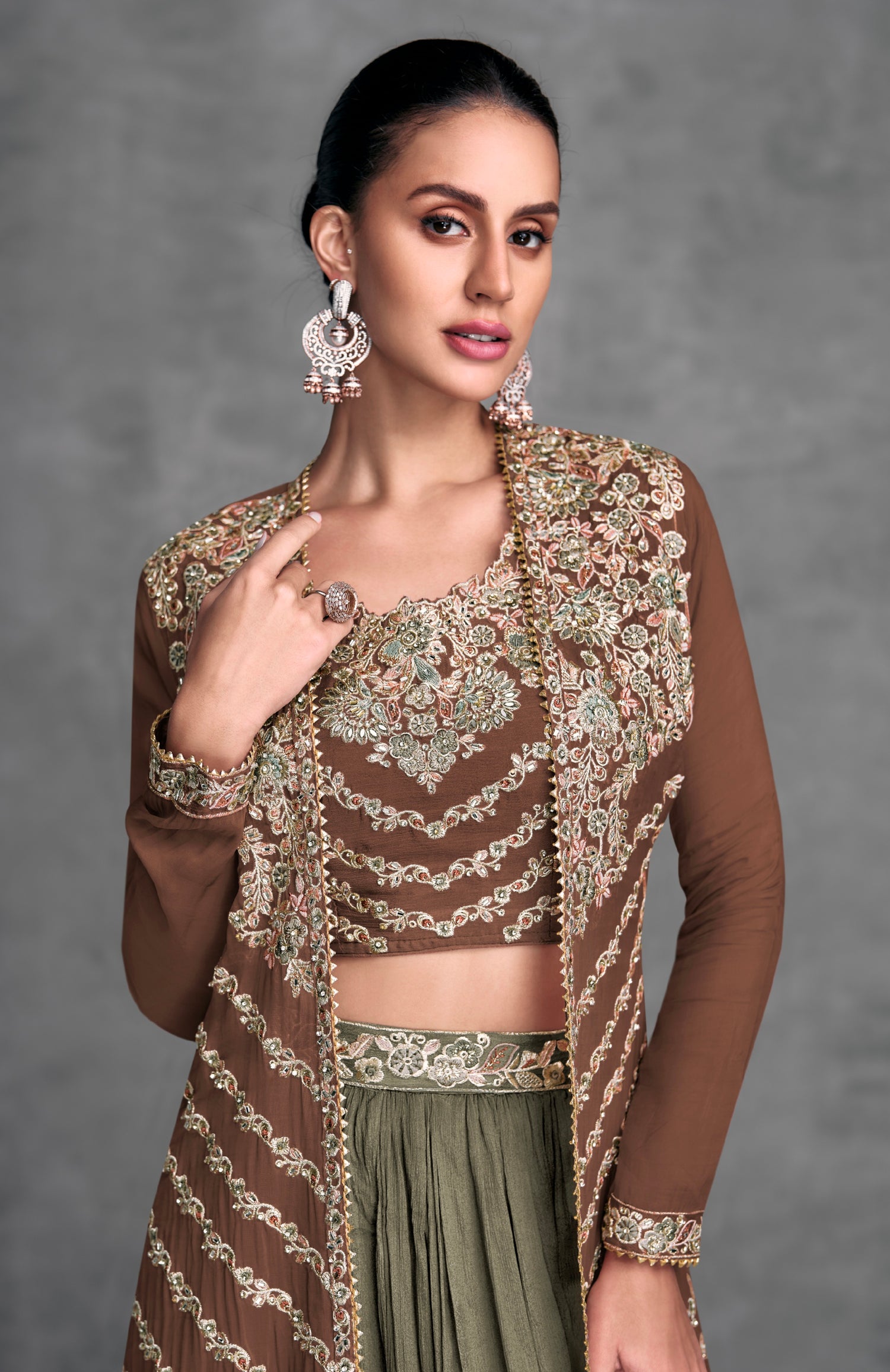 Dusty Brown &amp; Olive Green Embroidered Chinon Lehenga &amp; Cancan