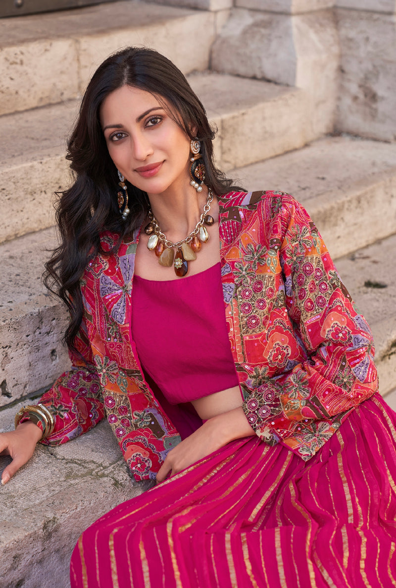 Magenta Pink Embroidered Lehenga with Ethnic Jacket
