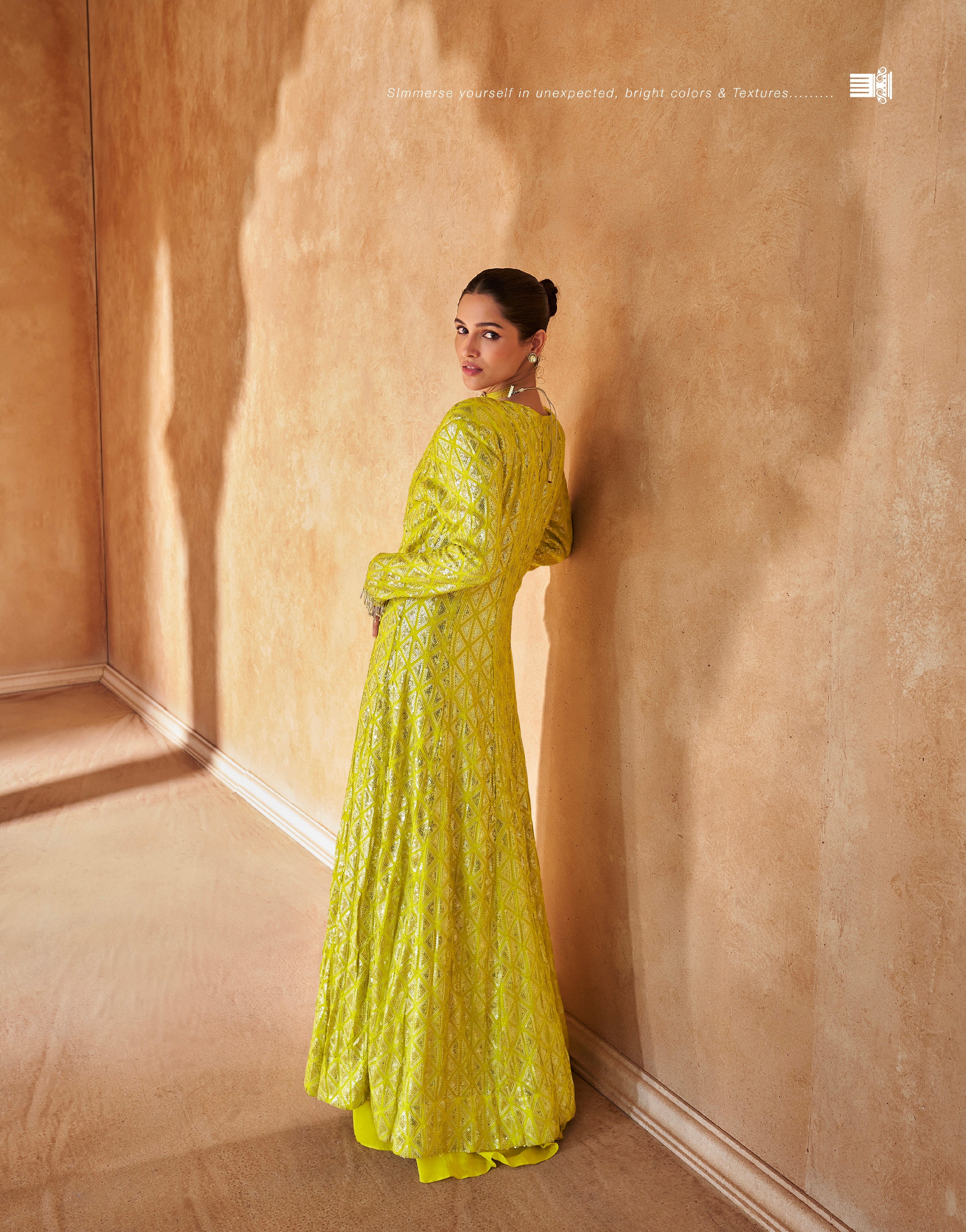 Lime Yellow Designer Palazzo Set with Full Embroidery and Long