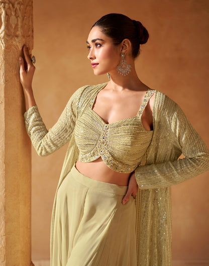 Light Olive Embroidered Georgette Palazzo Set with Sheer Long Jacket