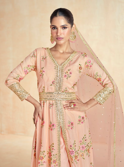 Peach Premium Silk Floral Embroidered Anarkali Set with Net Dupatta