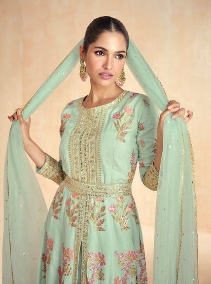 Mint Green Floral Embroidered Premium Silk Anarkali Set &amp; Net Dupatta