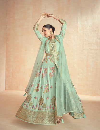 Mint Green Floral Embroidered Premium Silk Anarkali Set &amp; Net Dupatta
