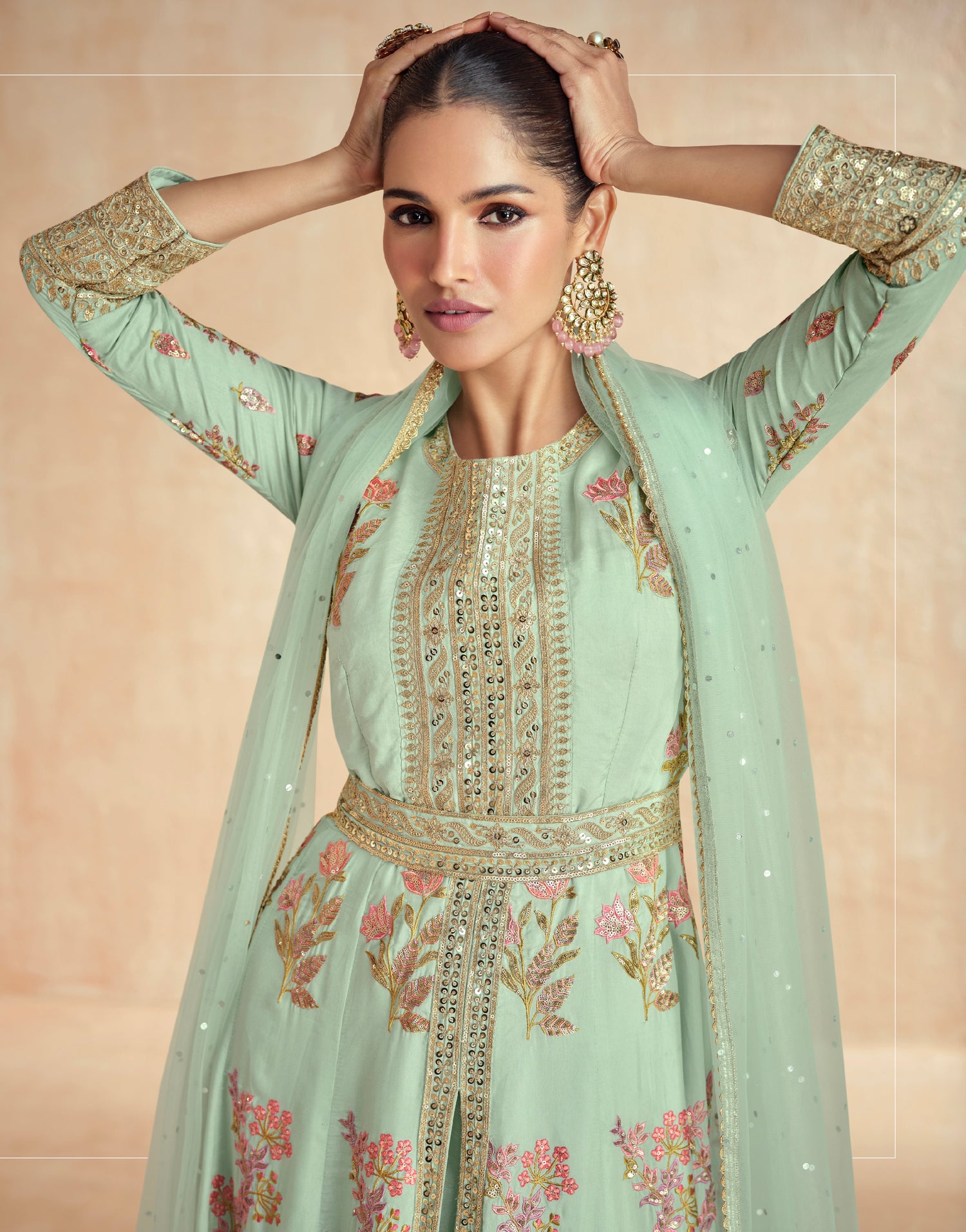 Mint Green Floral Embroidered Premium Silk Anarkali Set &amp; Net Dupatta