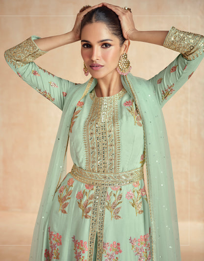 Mint Green Floral Embroidered Premium Silk Anarkali Set &amp; Net Dupatta
