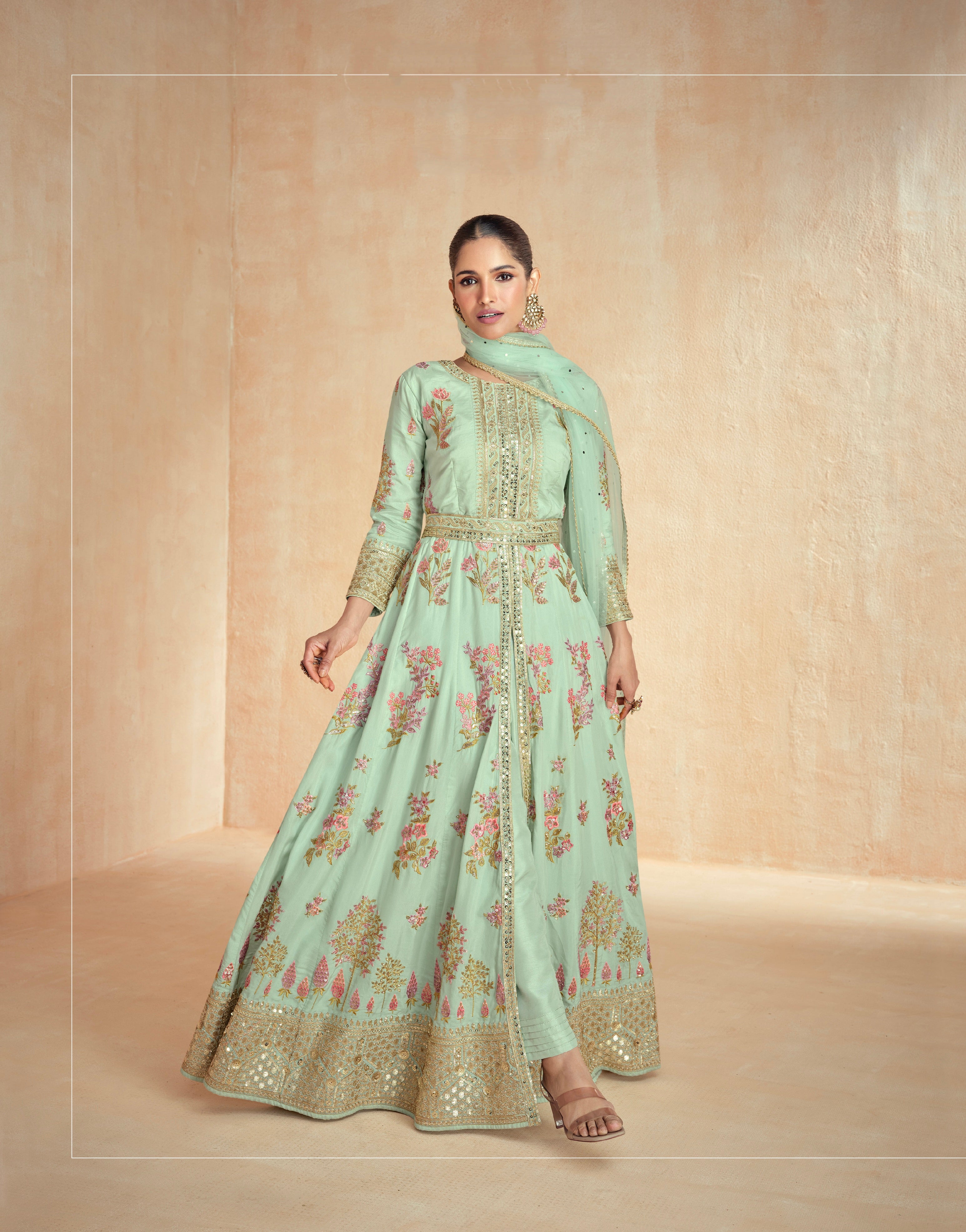 Mint Green Floral Embroidered Premium Silk Anarkali Set &amp; Net Dupatta