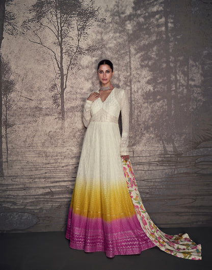 Multicolor Ombre Georgette Lucknowi Embroidery Anarkali &amp; Dupatta