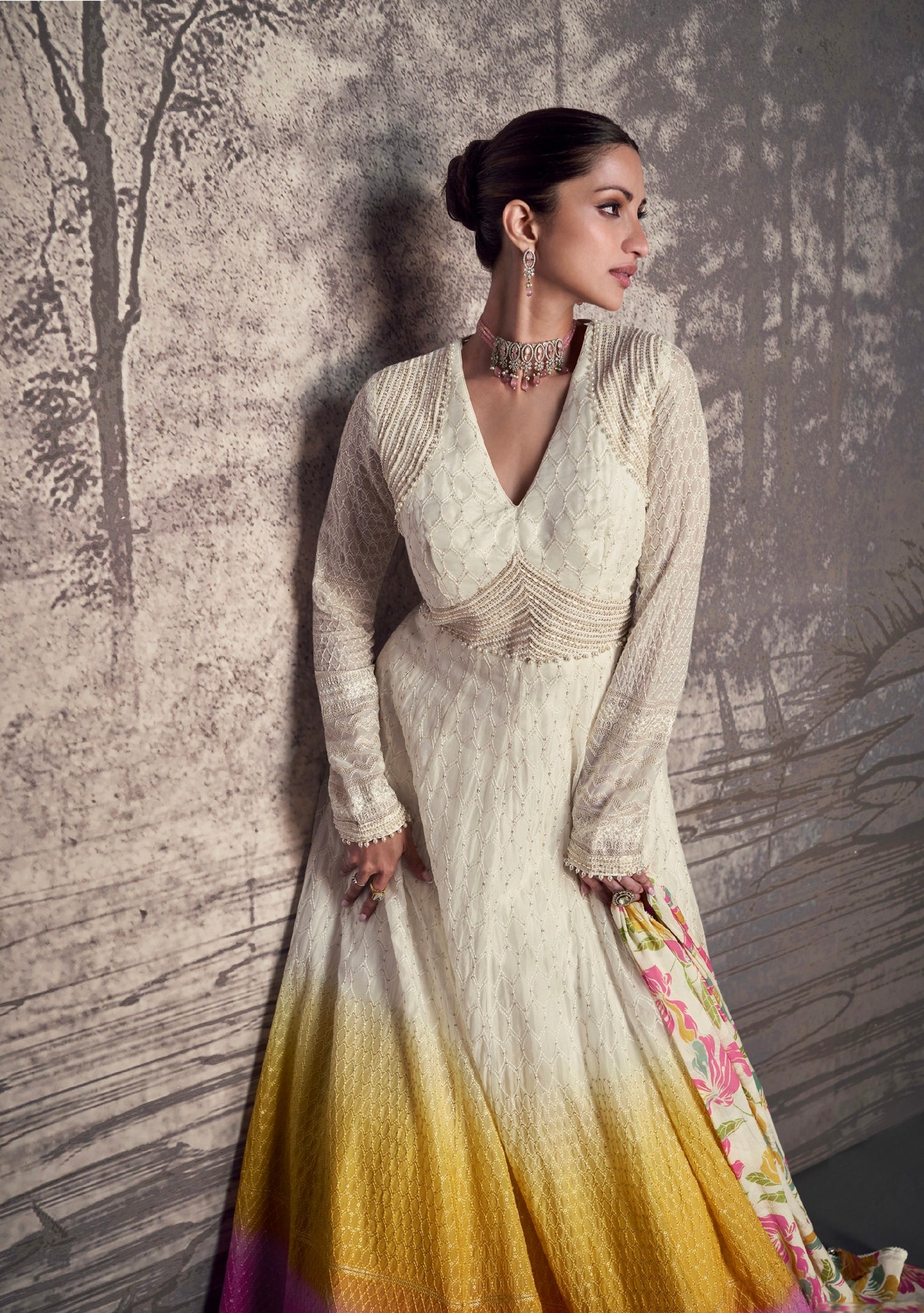 Multicolor Ombre Georgette Lucknowi Embroidery Anarkali &amp; Dupatta