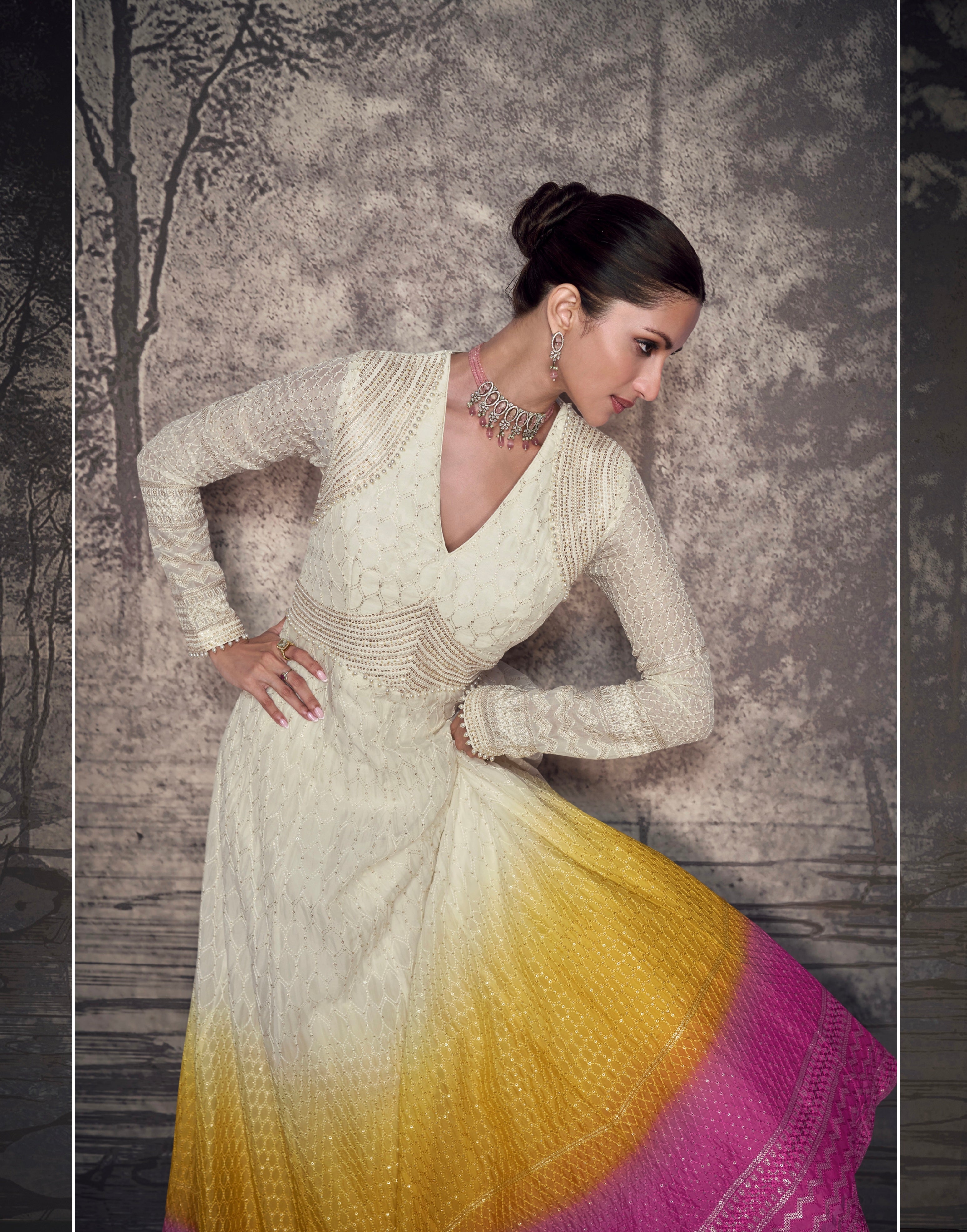 Multicolor Ombre Georgette Lucknowi Embroidery Anarkali &amp; Dupatta