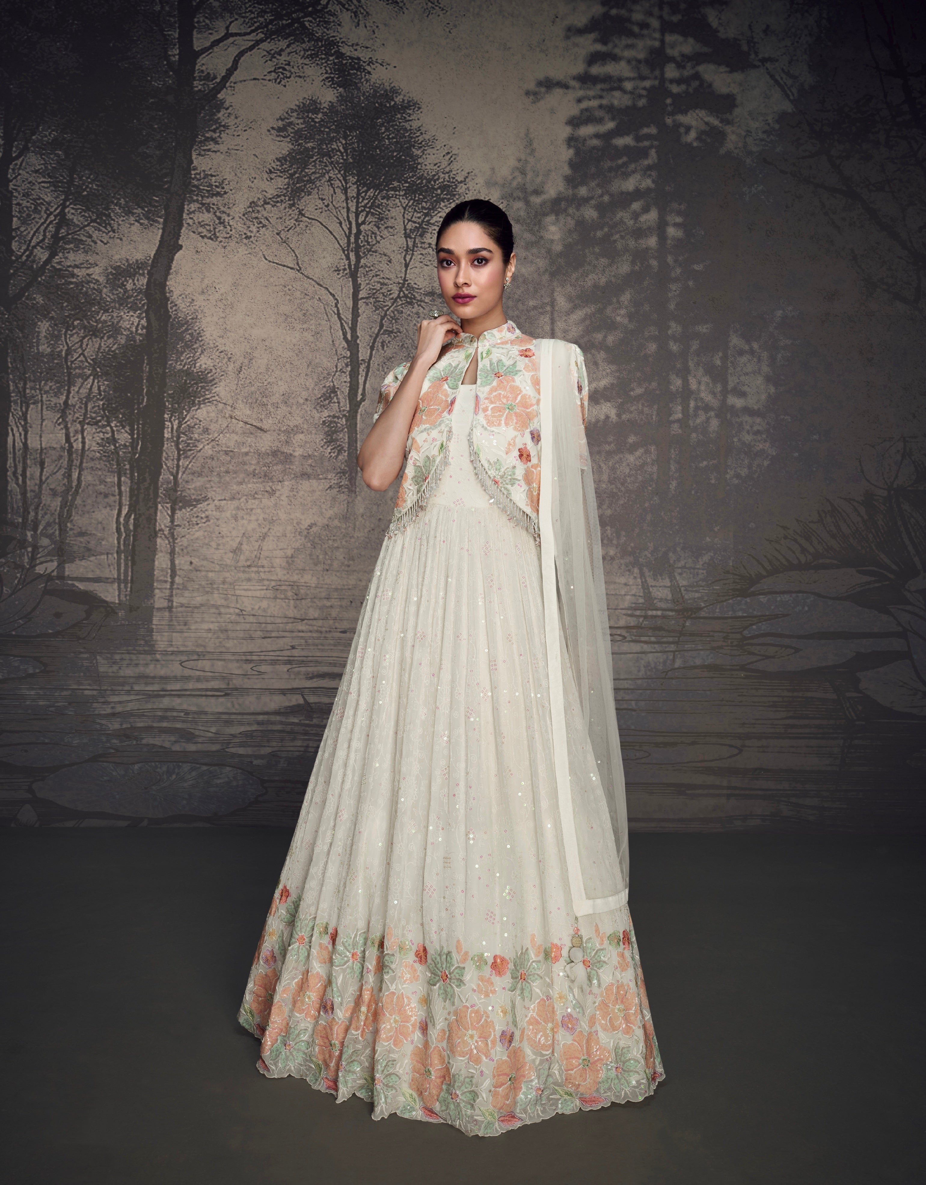 Ivory Floral Embroidered Lucknowi Georgette Anarkali &amp; Organza Dupatta