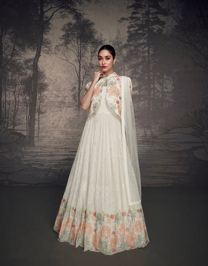 Ivory Floral Embroidered Lucknowi Georgette Anarkali &amp; Organza Dupatta