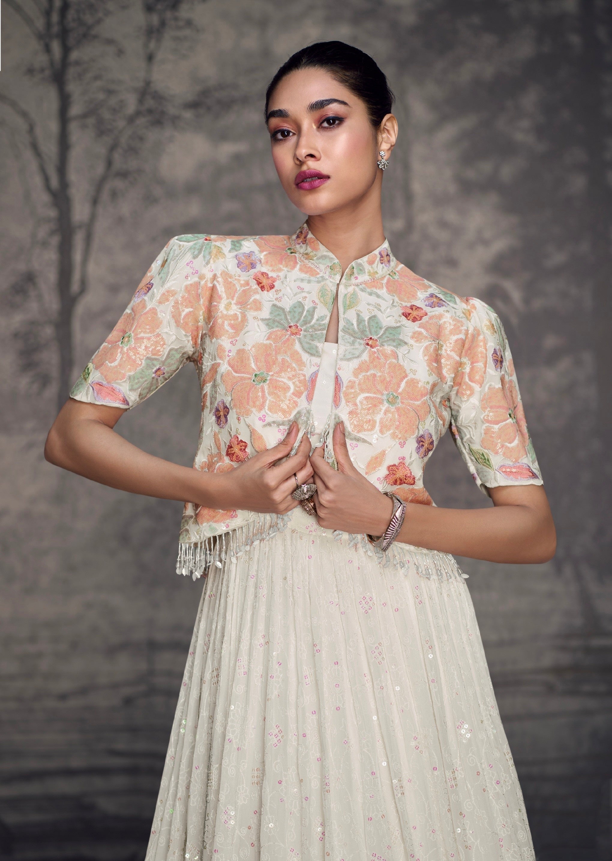 Ivory Floral Embroidered Lucknowi Georgette Anarkali &amp; Organza Dupatta