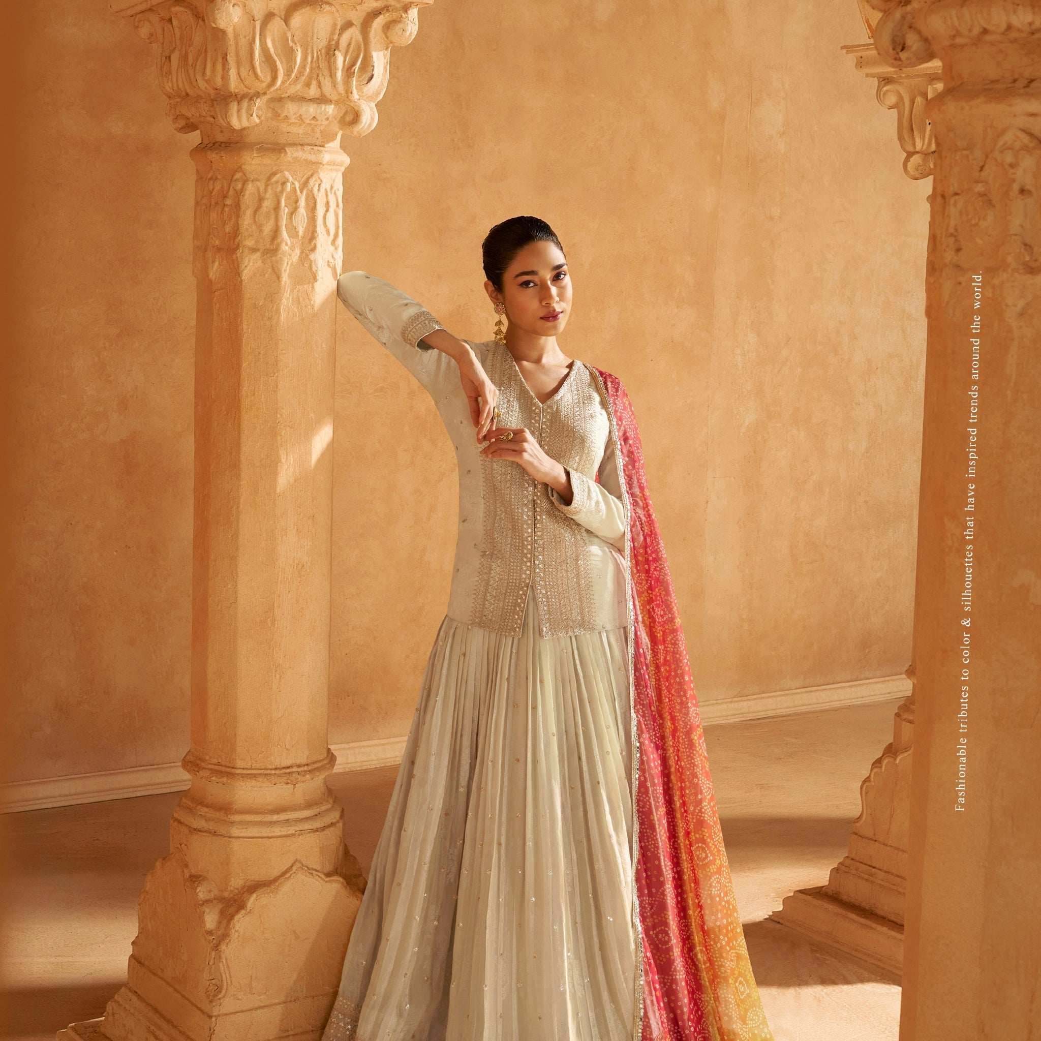 Light Gold Embroidered Jacquard Silk Anarkali with Red Dupatta