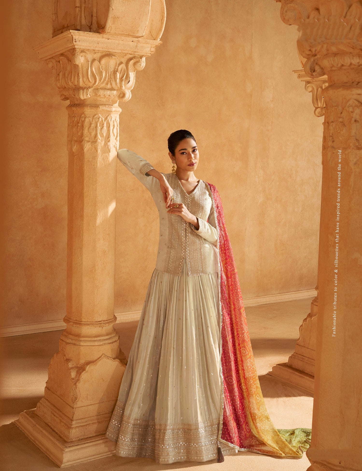 Light Gold Embroidered Jacquard Silk Anarkali with Red Dupatta Anant Exports Light Gold Embroidered Jacquard Silk Anarkali with Red Dupatta Anant Exports